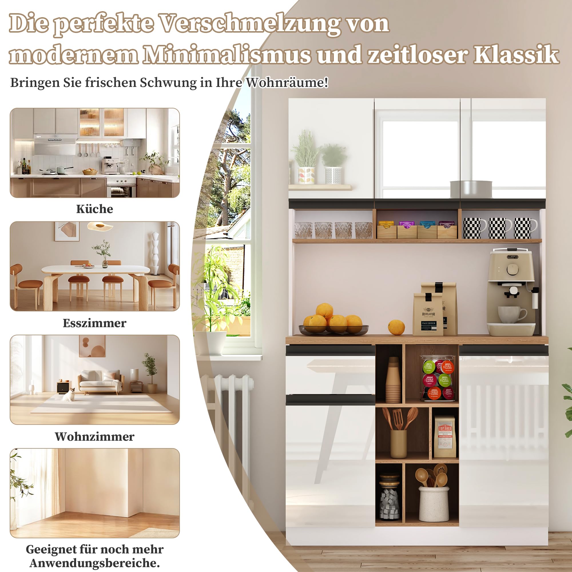 Ball & Cast Küchenschrank, Buffetschrank, Hochschrank mit verstellbaren Einlegeböden, Metallgriffen und Offenem Stauraum, 105x45x185 cm, Weiß