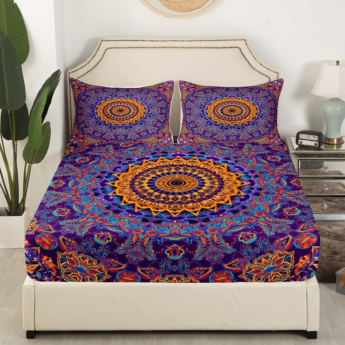 Erosebridal Art Deco Bed Sheets Navy Blue Oriental Medallion Fitted Sheet Full Size, Hippie Mandala Sheets Traditional Vintage Bedding, Tribal Bohemian Bed Cover with 2 Pillow Case (Deep Pocket)