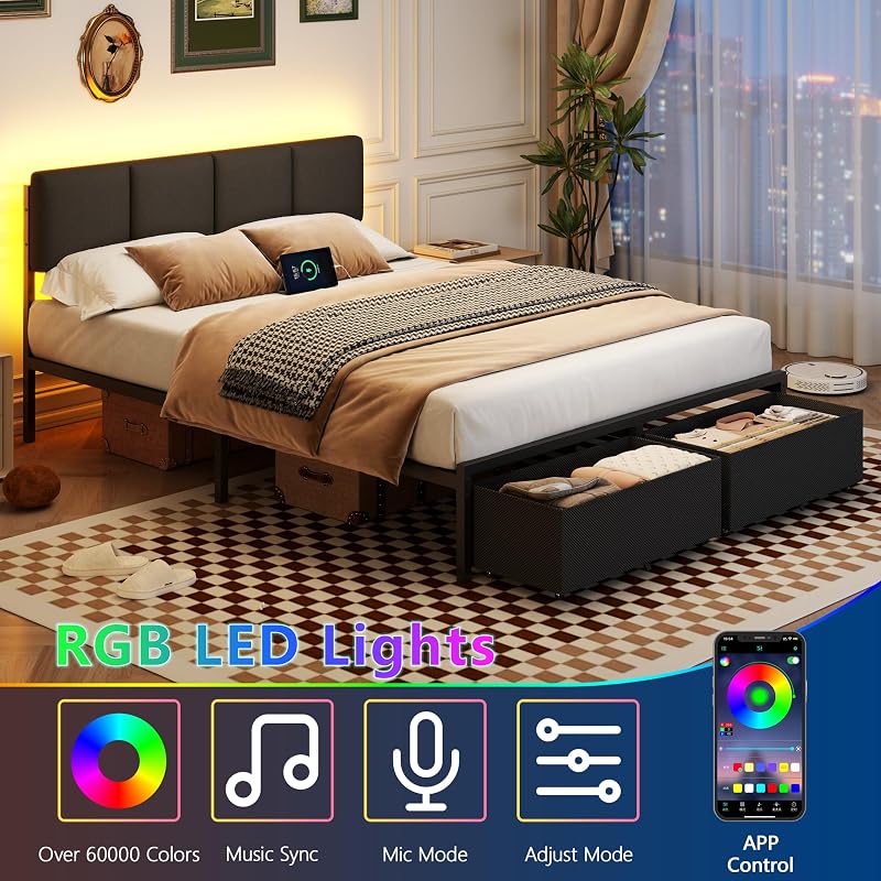 Furnulem Queen Bed Frame with Upholstered Headboard and 2 Storage Drawers image 3