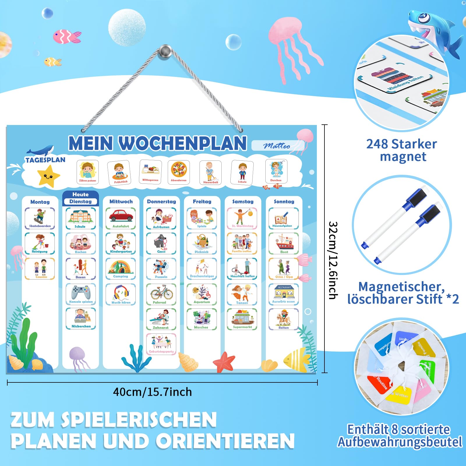 FORMIZON Montessori, agenda settimanale per bambini, lavagna magnetica con 248 magneti, custodia e penna, calendario per bambini, programma giornaliero e programma settimanale, gioco educativo