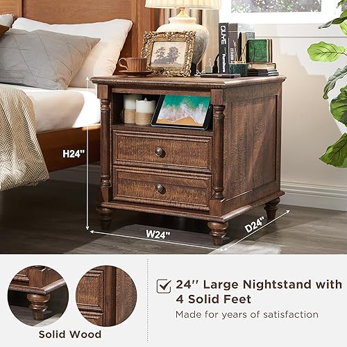 Miniatura 2 de T4TREAM Mesa auxiliar de granja de 24 pulgadas con 4 pies de madera maciza, mesa auxiliar grande con 2 cajones de ancho para sofá con estación de