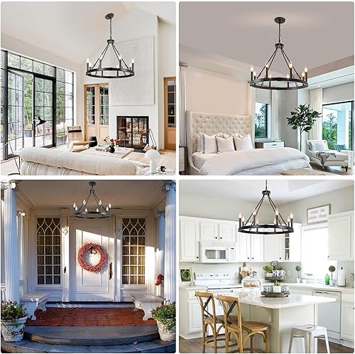 Miniatura 3 de Candelabro de 8 luces con ruedas de carro, 23.6 pulgadas, rústico de granja, iluminación colgante redonda industrial vintage para comedor, cocina,