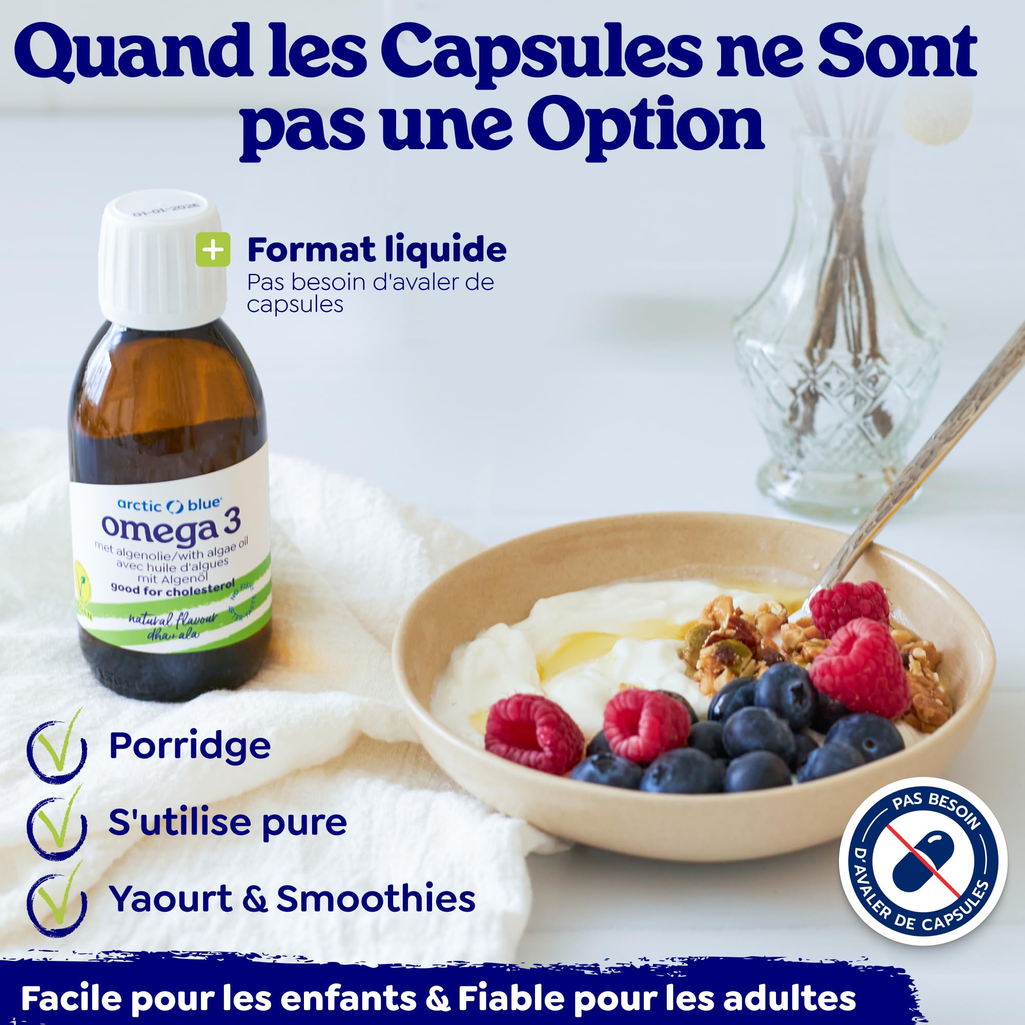 Arctic Blue Oméga-3 Végétal Huile Liquide 150 ml — Orange — 850 mg de DHA + 425 mg d’EPA par Dose (2,5 ml) — Huile de Microalgues Durable — 100% Vegan, Haute Pureté, Sans Contamination Marine