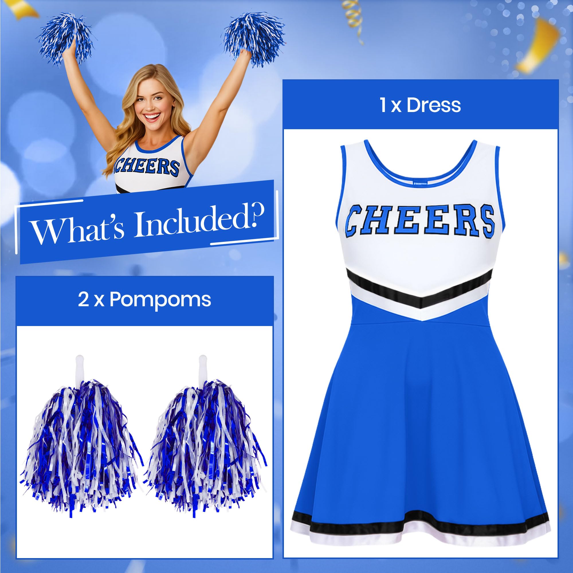 Redstar Fancy Dress Kostium cheerleaderki dla dorosłych, kostium cheerleaderki z pasującą sukienką i frędzlami, przebranie cheerleaderki dla kobiet, na Halloween, cosplay, karnawał