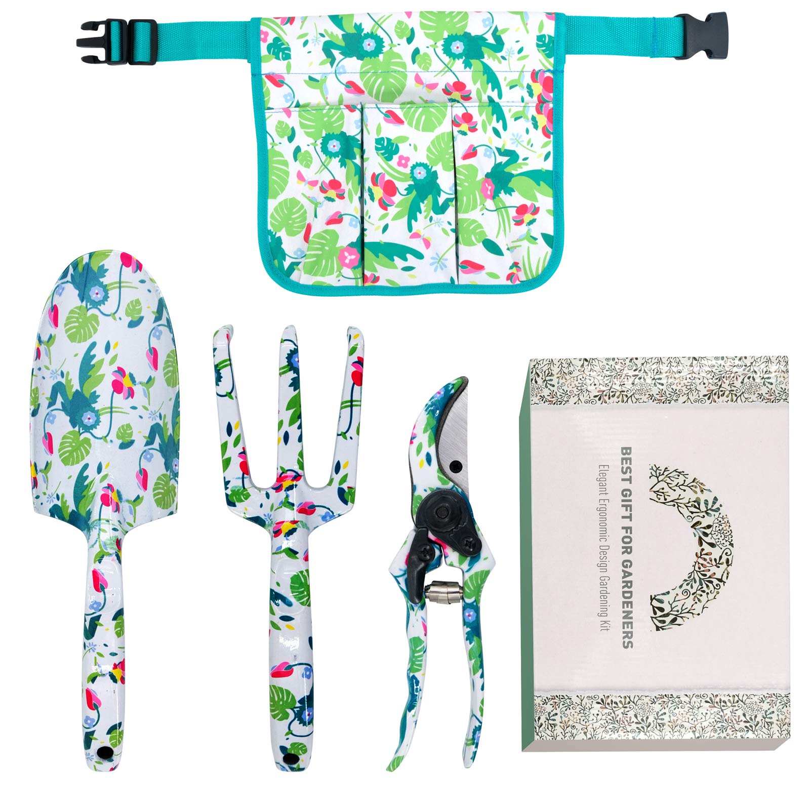 HortemGarden Tools Set Ladies with Printing Include Trowel, Cultivator and Pruner-Aluminum Gardening Tools, Gifts for Women(4 Piece Green)