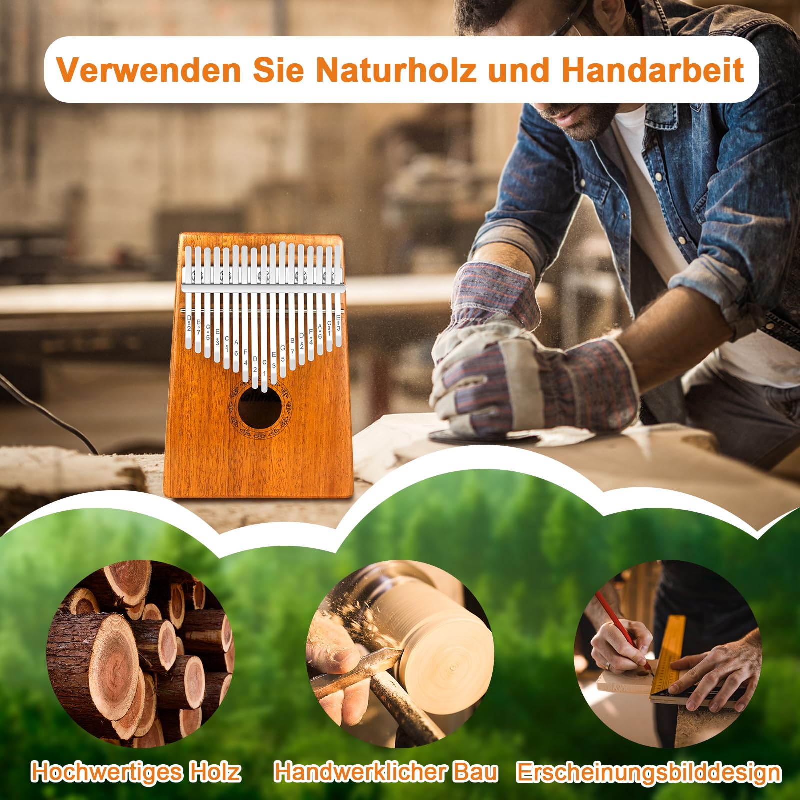 Kalimba 17 Schlüssel, Kalimba Instrument Finger Daumenklavier Kalimba Thumb Piano Marimba Instrumente mit Schutzhülle, Lernanleitung, Stimmhammer für Kinder Musikliebhaber Anfänger