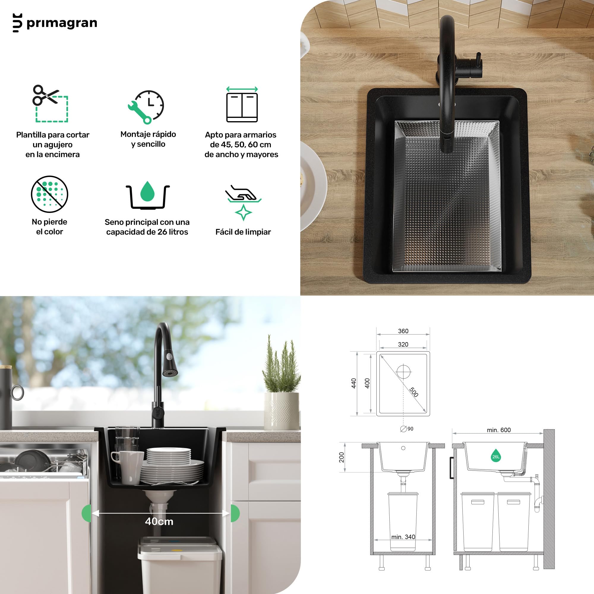 PRIMAGRAN Fregadero Cocina Blanco 36x44cm, Granito 1 Seno + Sifón, Sobre Encimera al Mueble 40cm - Venecia Easy Slim S002
