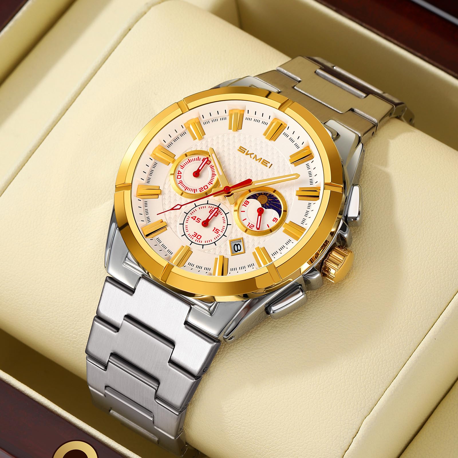 MASTOP Reloj de lujo para hombre con fase lunar clásico, multifuncional, cronógrafo, cronómetro, visualización de fecha, vestido de negocios, impermeable, luminoso, reloj de pulsera de acero