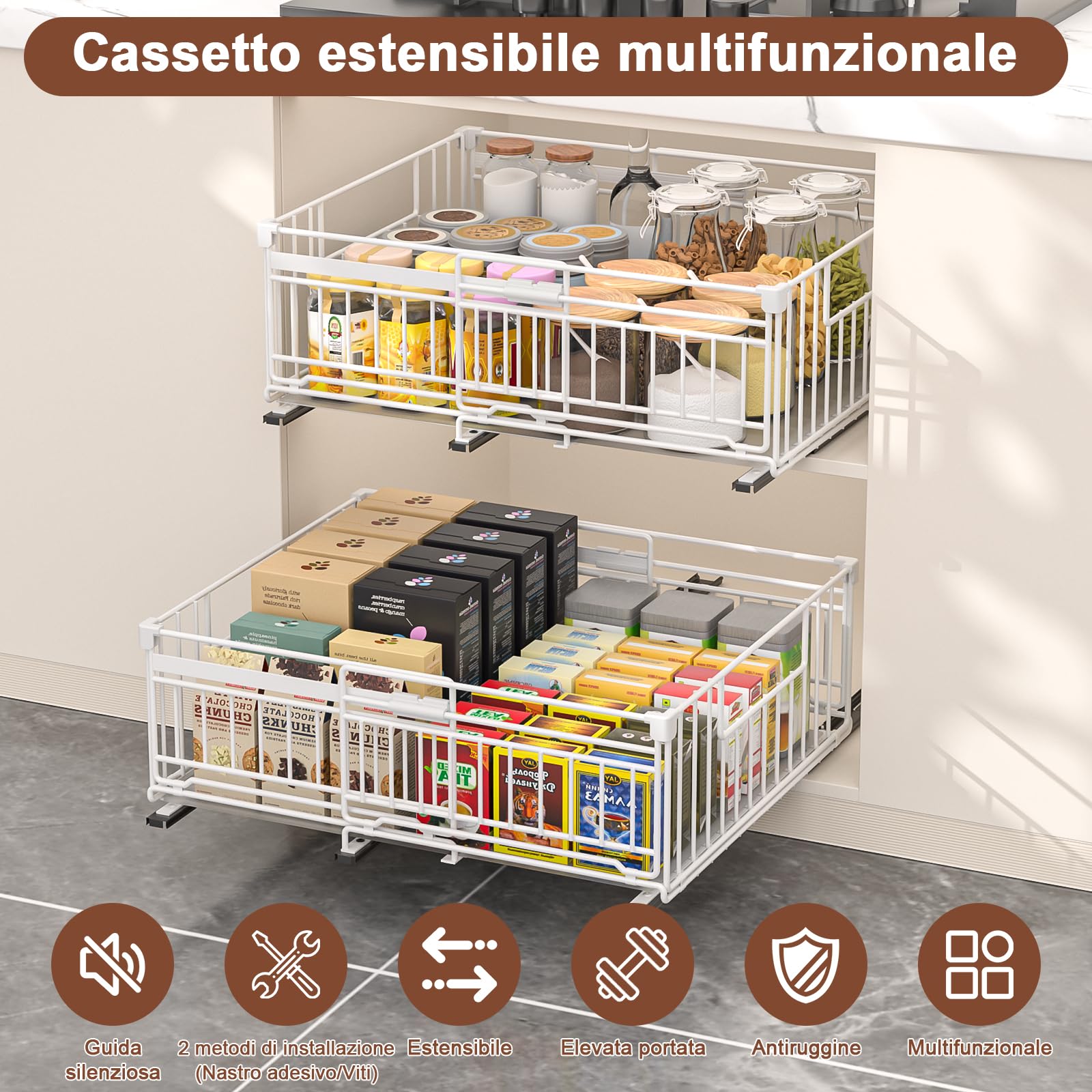 2 Pezzi Cassetto Telescopico Cucina, Armadio da Cucina Cassetto Scorrevole Estensibile Estraibile,Larghezza Regolabile 32.5-50 cm Per Cucina Bagno Soggiorno Bianco
