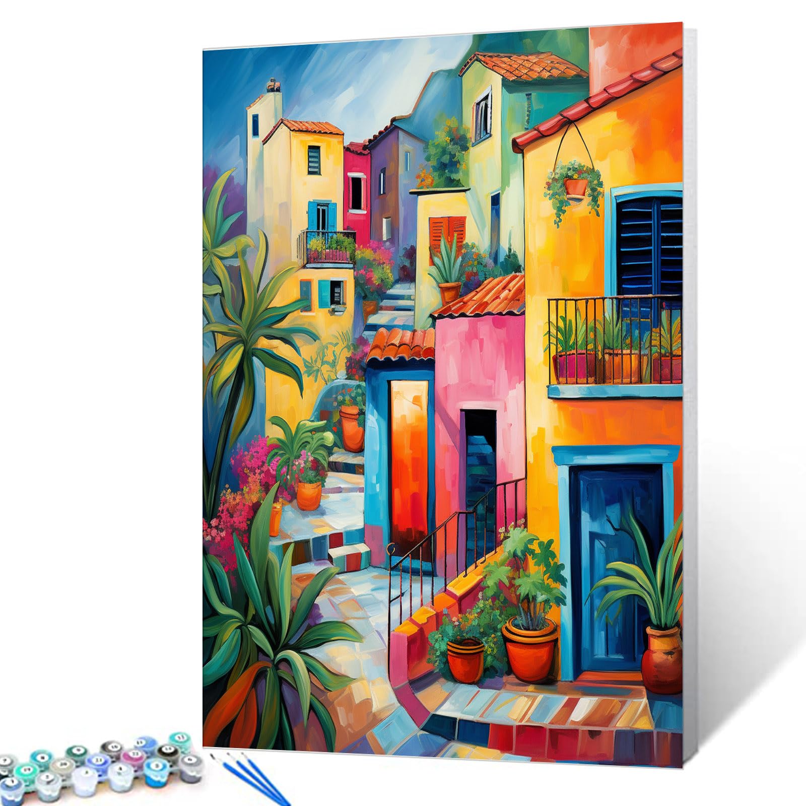 Graffitic House Paint by Number Summer Landscape DIY Acrylic Painting Kit for Kids Adults Beginner Colorful Building DIY Oil Canvas Painting Craft
