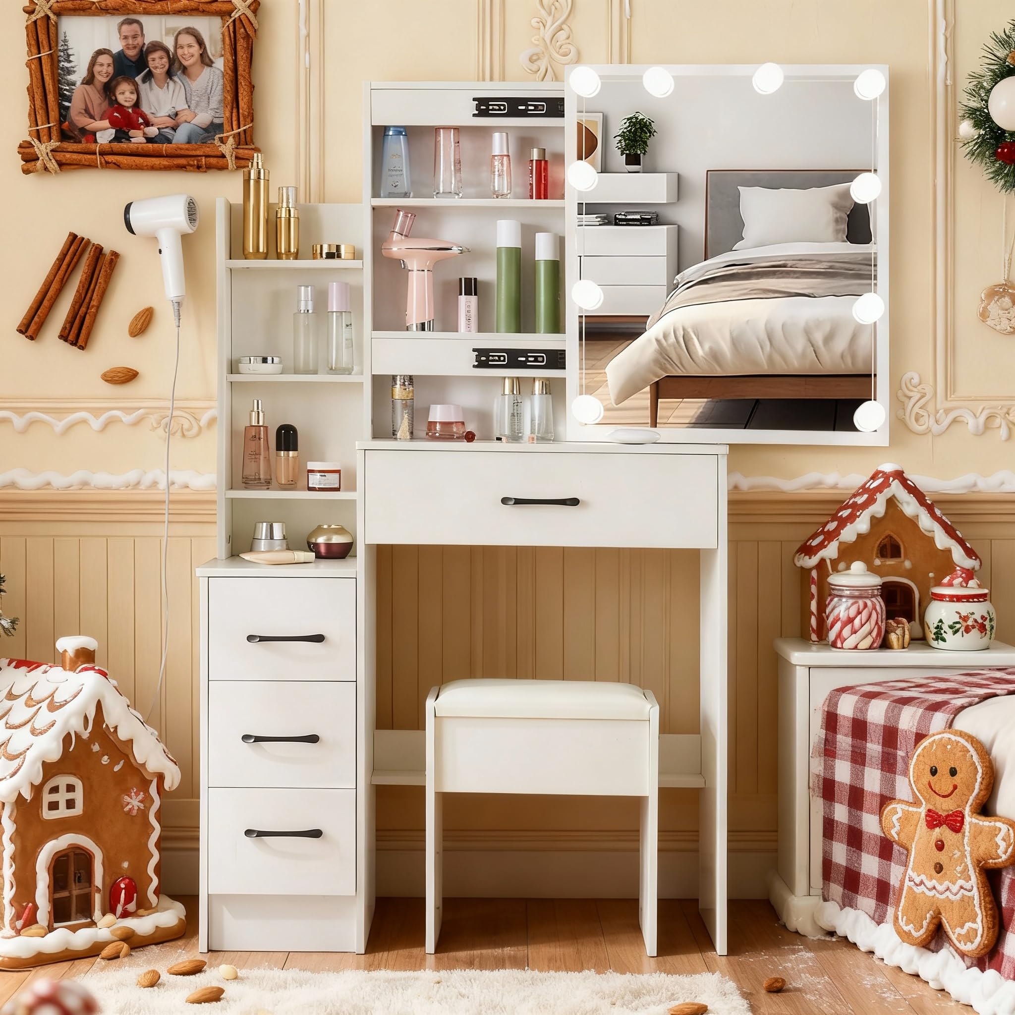 Tocador con iluminación y taburete, mesa de maquillaje con color de luz y brillo ajustables, mueble de cosméticos con 6 cajones y 6 compartimentos de almacenamiento para dormitorio