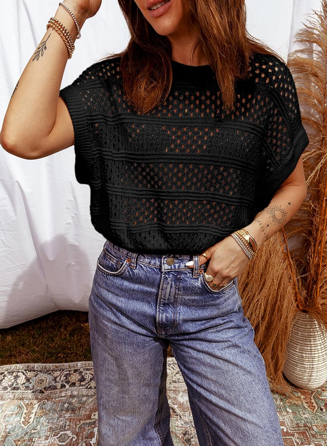 Sidefeel Womens Summer Sweaters Lightweight Casual Short Sleeve Crochet Hollow Out Knit Pullover Tops Clothing - Image 3