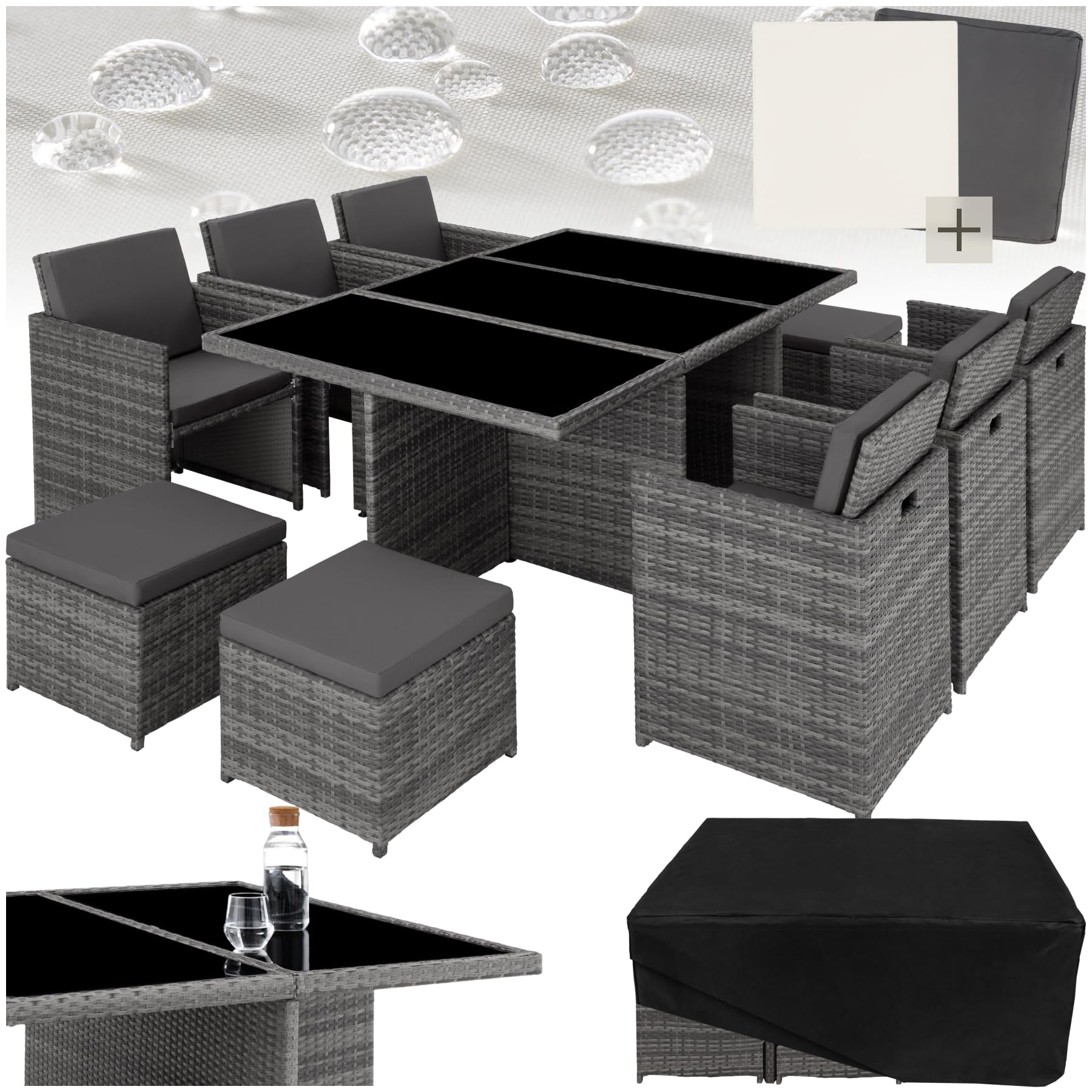 Set di Mobili da Giardino Poli Rattan Alluminio 6 Sedie 1 Tavolo 4 Sgabelli Grigio