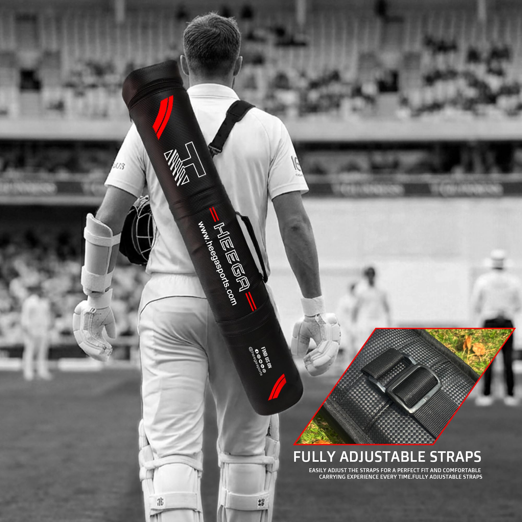 Heega Round Padded Cricket Bat Cover Full Size with Adjustable Shoulder Strap | Lightweight Durable Cricket Bat Carry Case | Protective Bat Bag for Practice & Matches | Black - Pack of 1 3