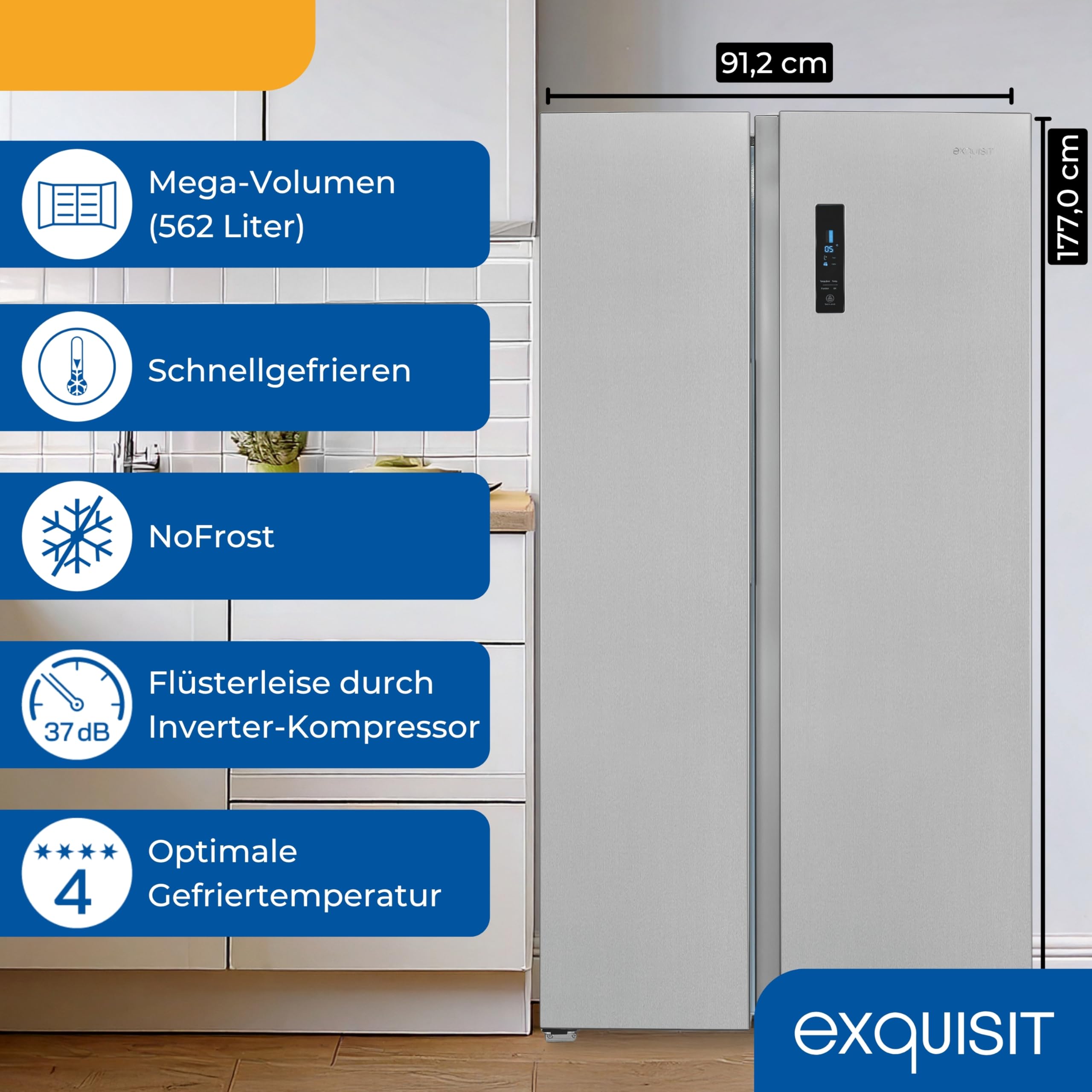 Exquisit Side by Side SBS560-050D inoxlook, volume 562 l, compressore inverter, frigorifero Side by Side by Side Frigorifero NoFrost, congelamento rapido