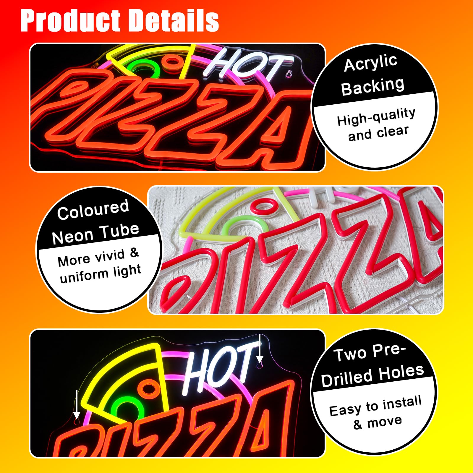 OYCGZV Pizza Neonbord voor Muurdecoratie - Voedsel Neon Licht Kleurrijk Dimbaar USB Led Teken voor Pizzerias Food Trucks Zakelijk Keuken Bar Restaurant Thuis Feest Raamdecoratie