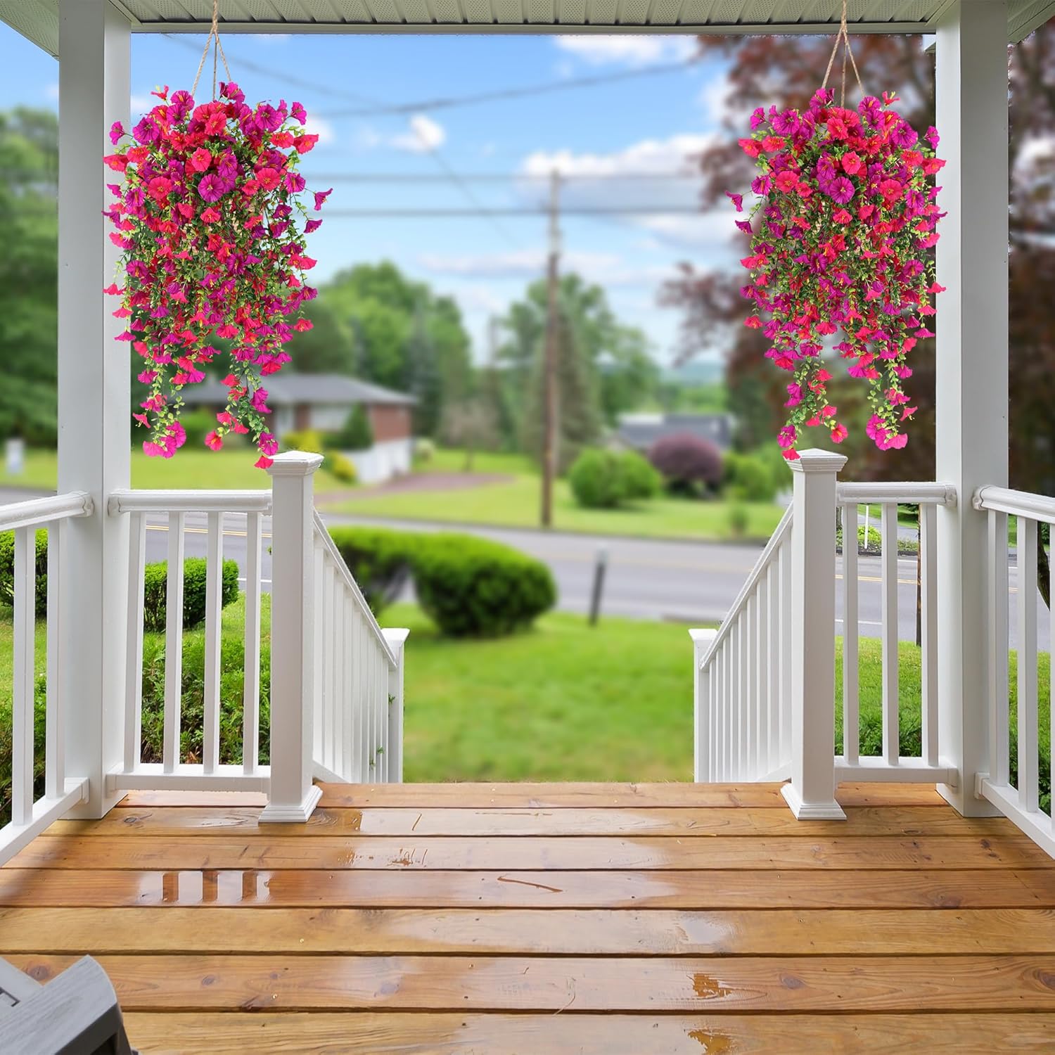 Artificial Fake Hanging Flowers Plants for Outdoor Outside Spring Summer Decoration 2PCS Faux Silk UV Resistant Realistic Morning Glory with Eucalyptus for Home Porch Patio Balcony(Magenta & Hot pink) - Image 3