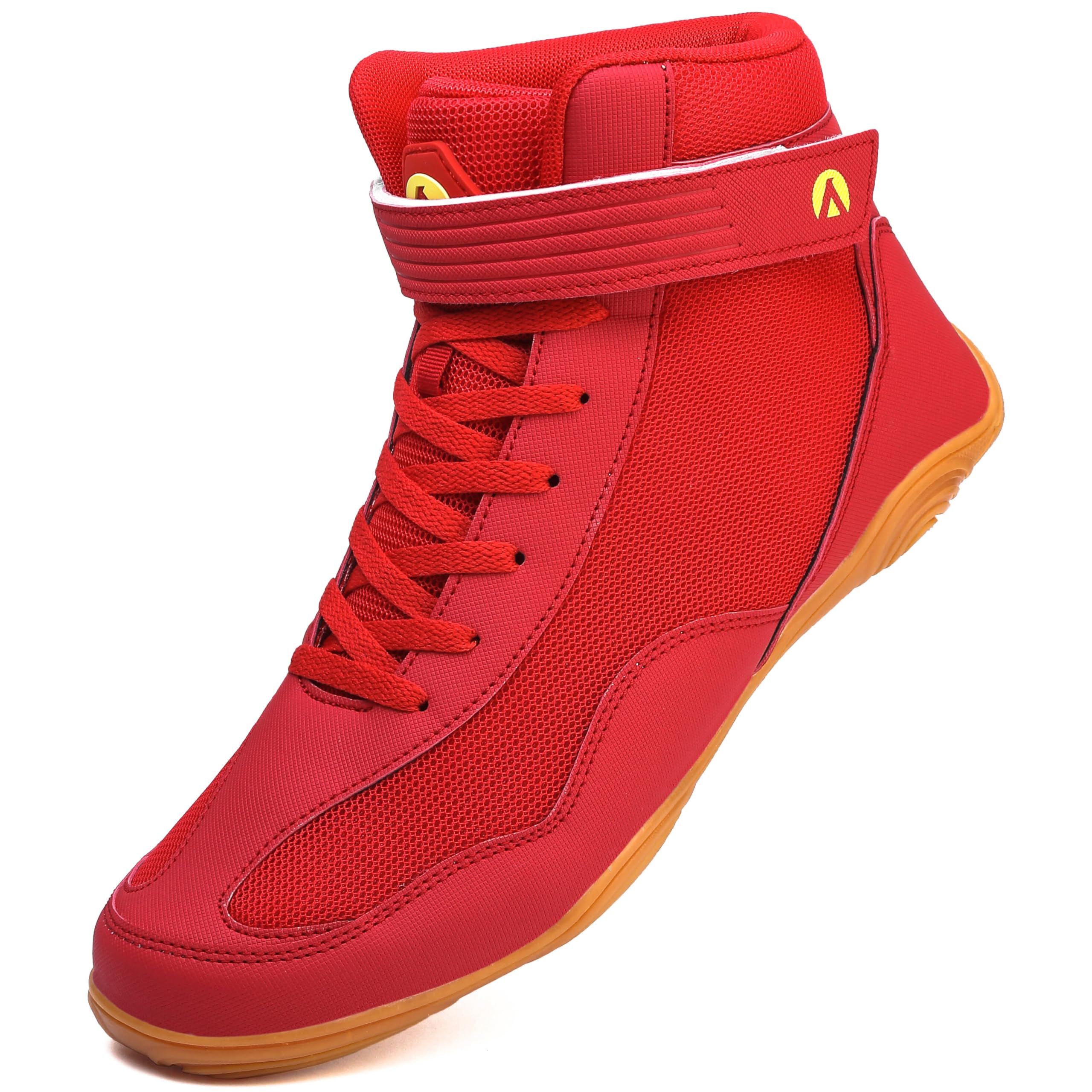 DimaiGlobal Scarpe da wrestling da uomo, scarpe da ginnastica da boxe, suola a goccia zero, scarpe da combattimento, taekwondo, karate, arti marziali, Rosso, 42 EU