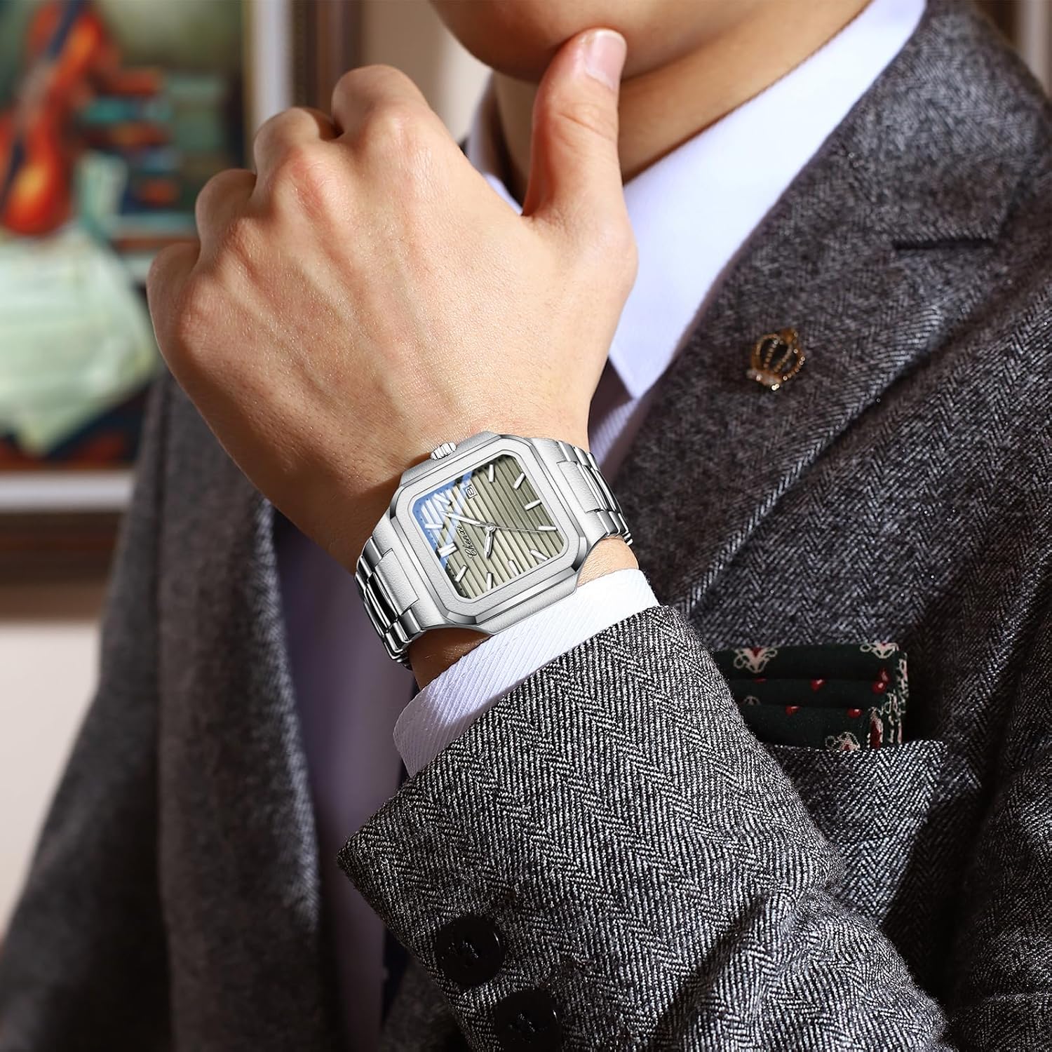 BESTKANG Men's Classic Square Watch - Silver Stainless Steel Analog Quartz Dress Watch with Luminous Hands, Date Calendar, 30M Water Resistant for Business Casual