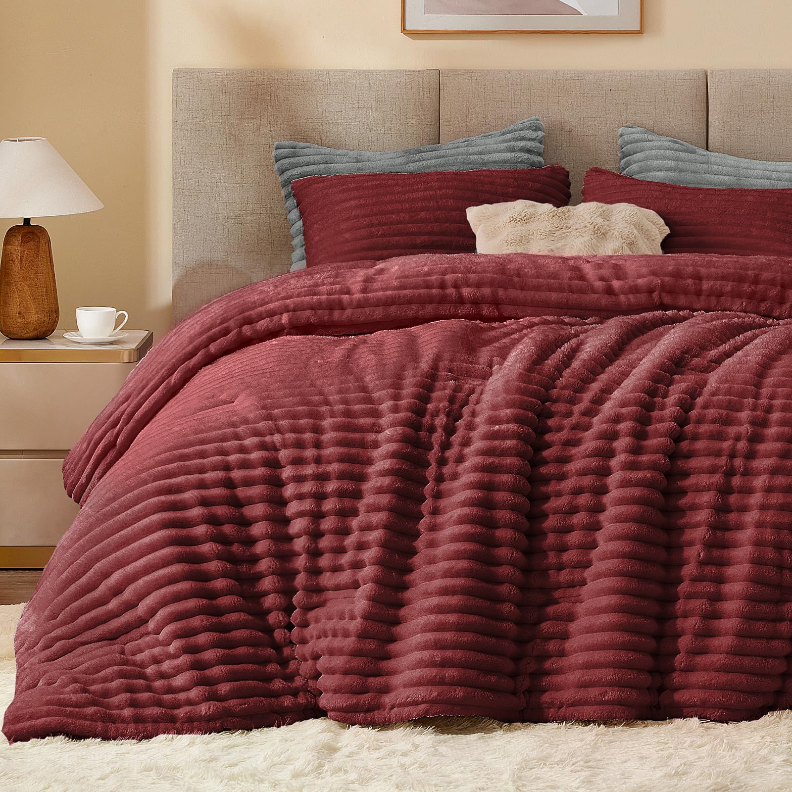 BEDELITE Fleece Queen Comforter Set -Super Soft & Warm Fluffy Burgundy Bedding, Luxury Fuzzy Heavy Bed Set for Winter with 2 Pillow Cases