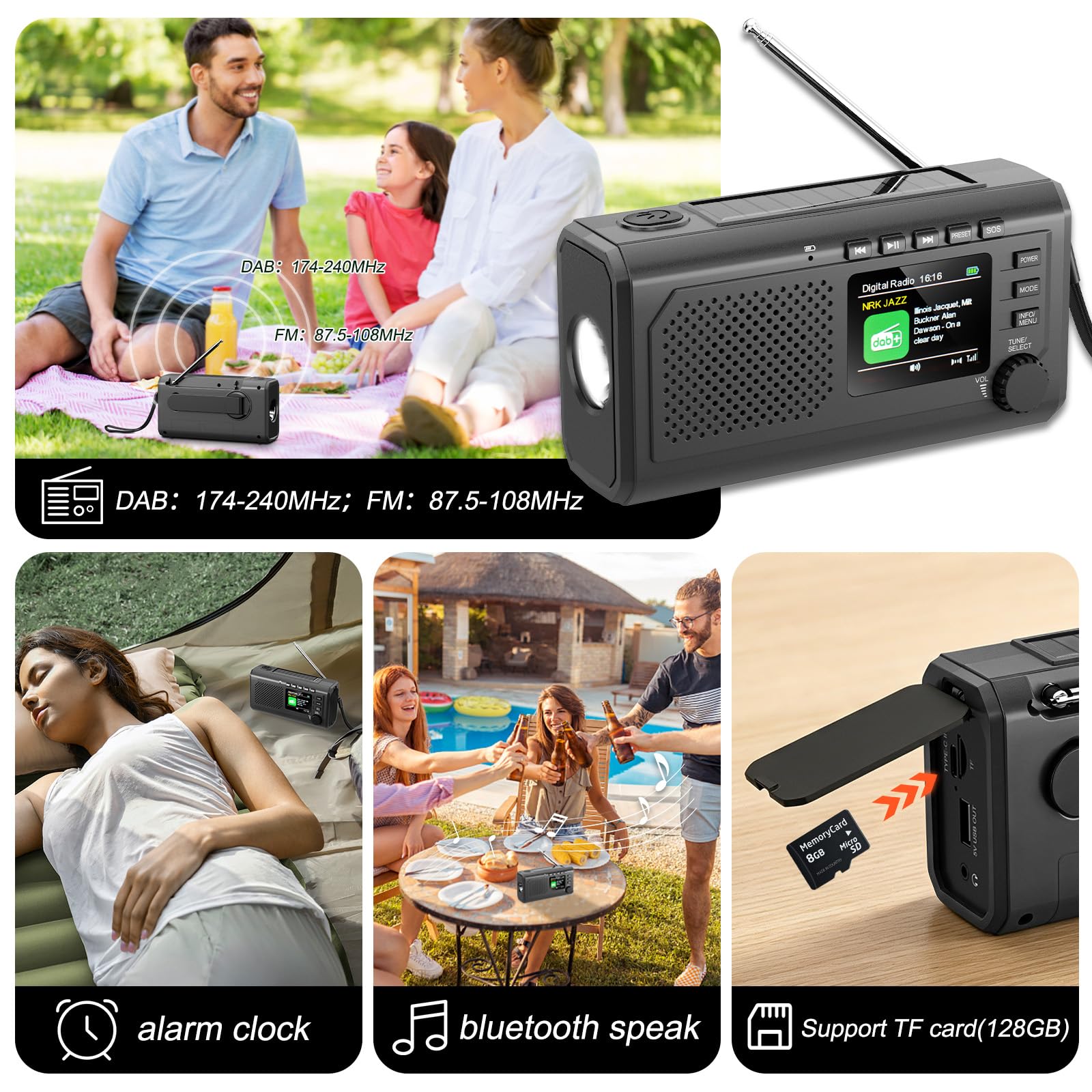 Radio di emergenza DAB+/FM con manovella, ricarica solare e USB, Bluetooth 5.3, radio a manovella con batteria da 2000 mAh, power bank, allarme SOS, lampada da lettura, sveglia, scheda TF per esterni