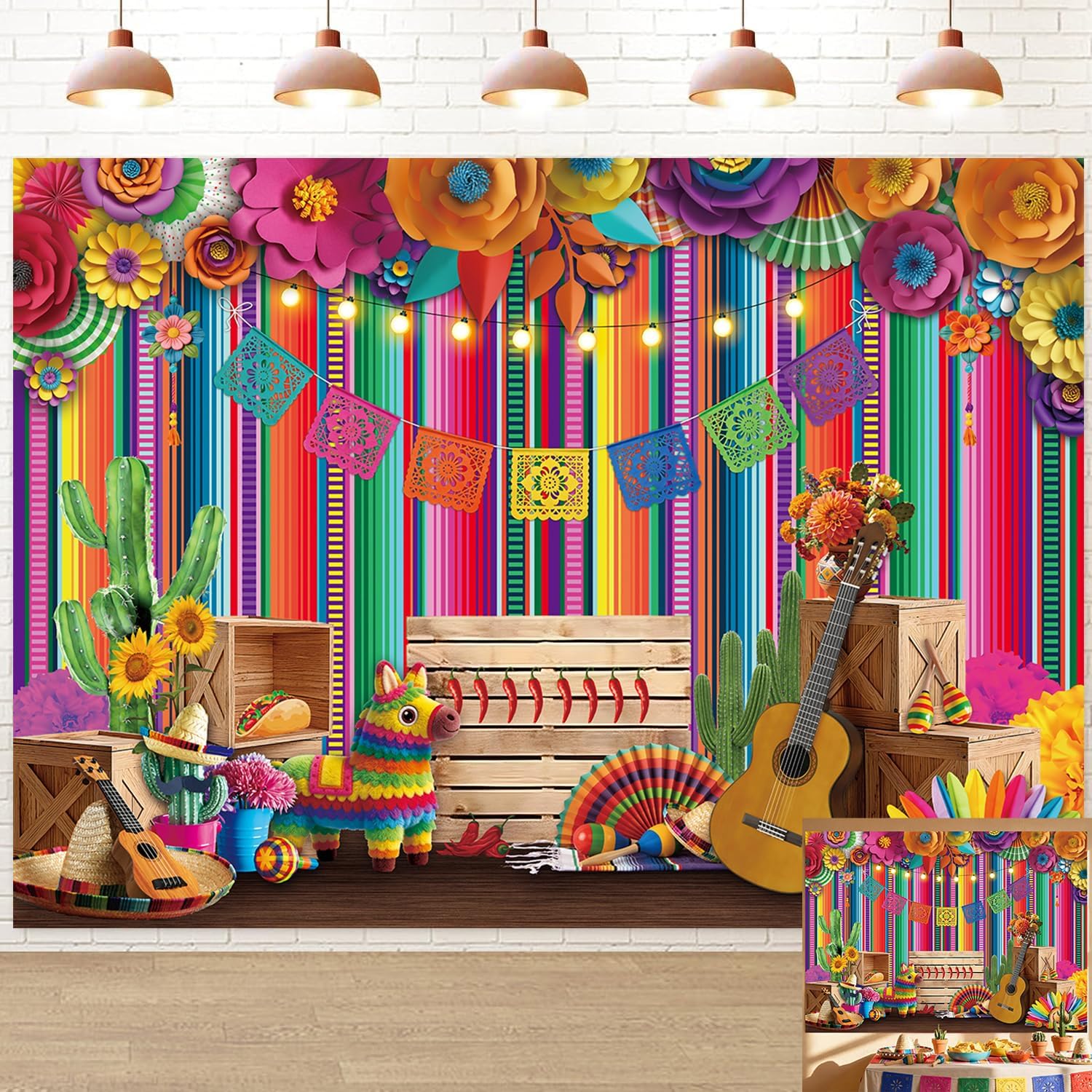 Mexican Fiesta Photography Backdrop 7x5FT 3D Paper Flower Colorful Striped Cinco De Mayo Banner Background Mexican Theme Party Decorations Supplies for Home Party