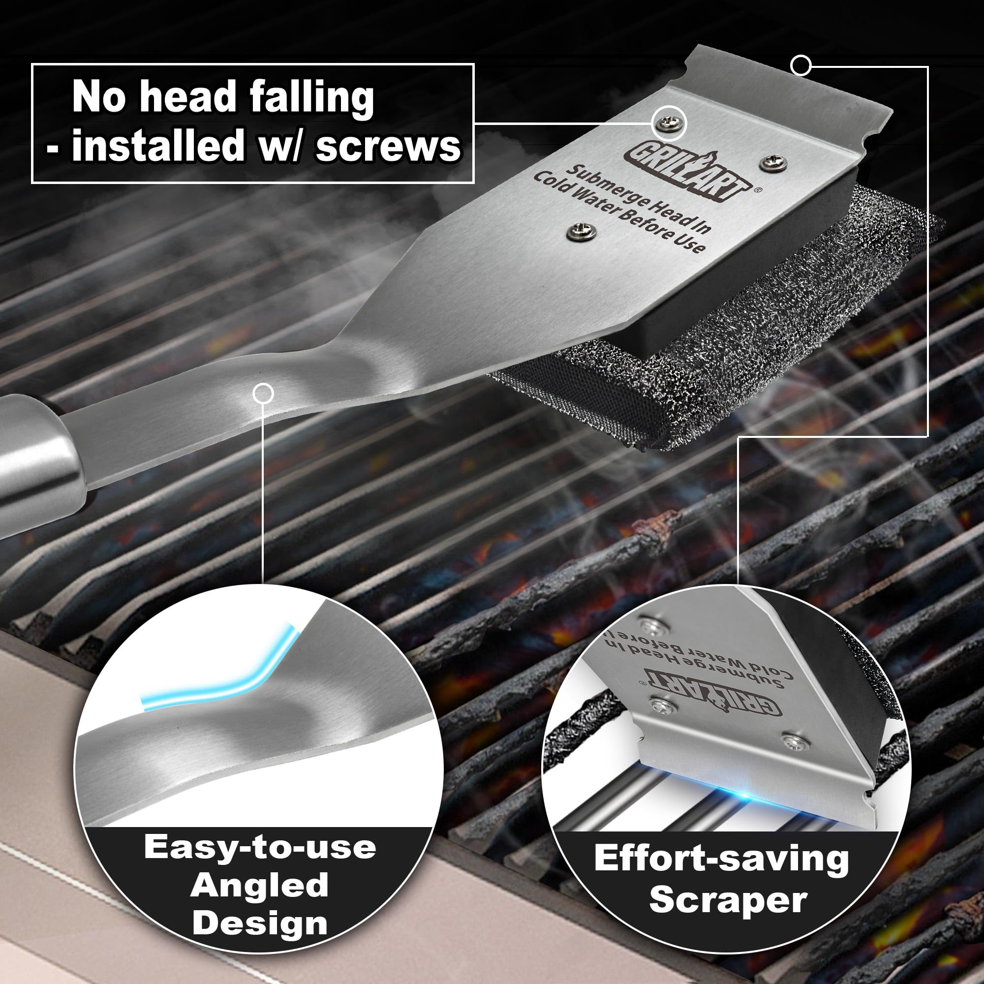 GRILLART SteamWizards - Spazzola per griglia senza setole, sicura per barbecue all'aperto, kit di spazzole per la pulizia della griglia del barbecue con testa sostituibile, accessorio per barbecue,