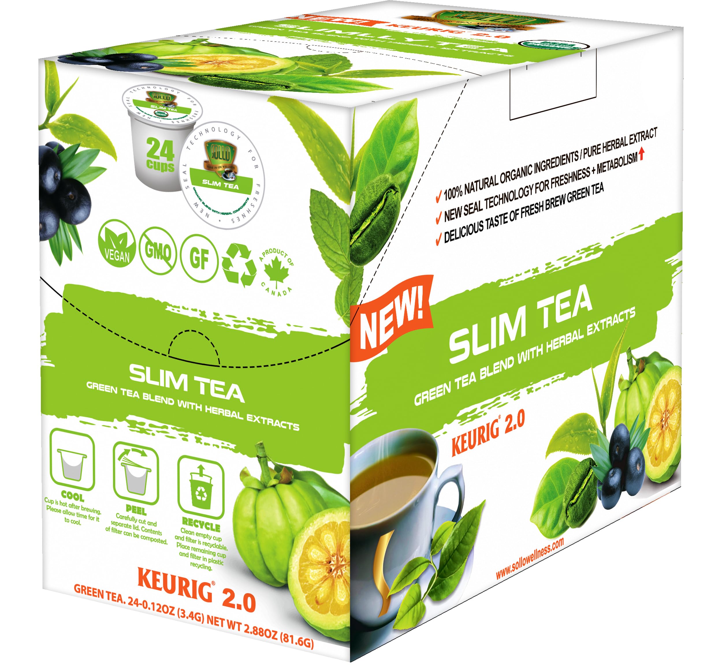SOLLO Infused Organic Slimlly Green Tea K-Cup, USDA Certified, Single Serve Pods, Compatible With 2.0 K-Cup Keurig Brewers, 24 Ct