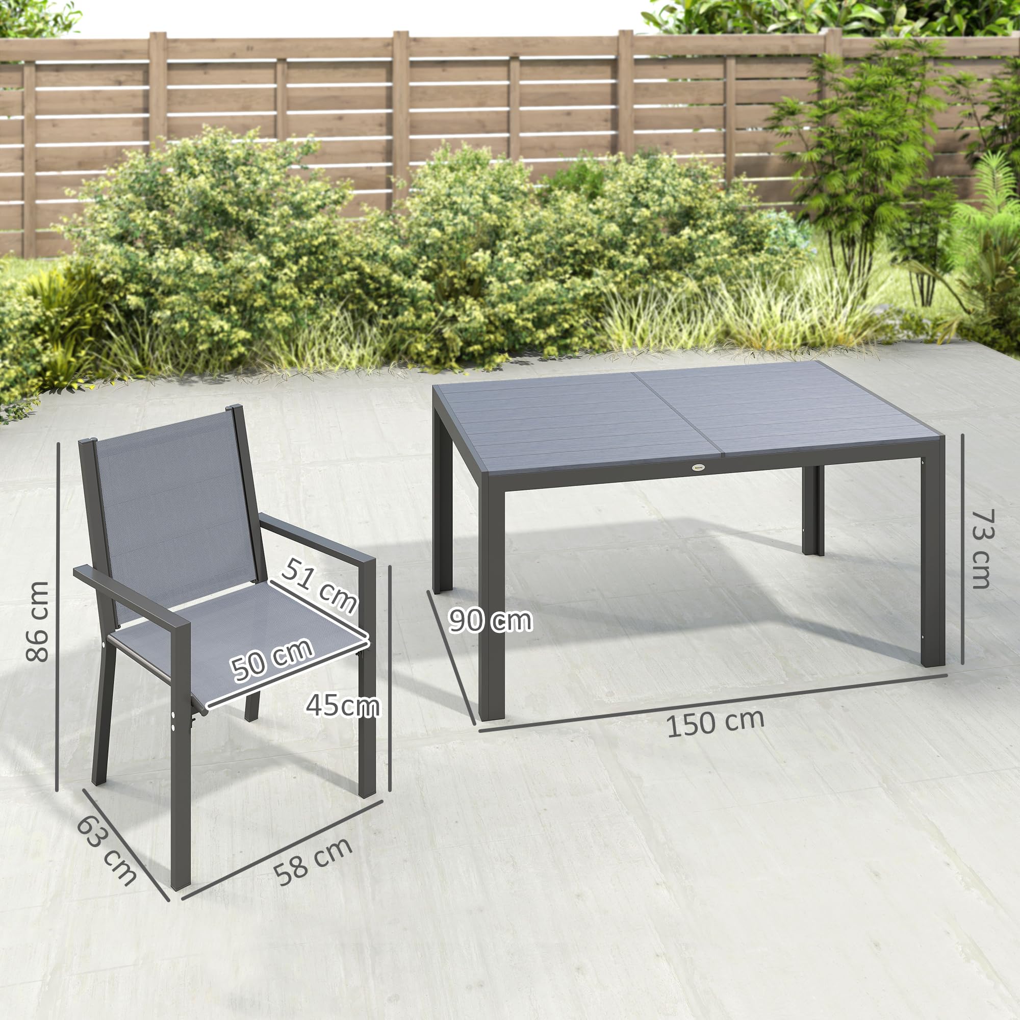 Outsunny Conjunto de Mesa y Sillas Jardín de 7 Piezas, Muebles de Jardín Exterior con 6 Sillas Apilables, Mesa con Encimera de Madera Plásticay Marco de Acero, para Terraza, Patio, Caqui y Marrón