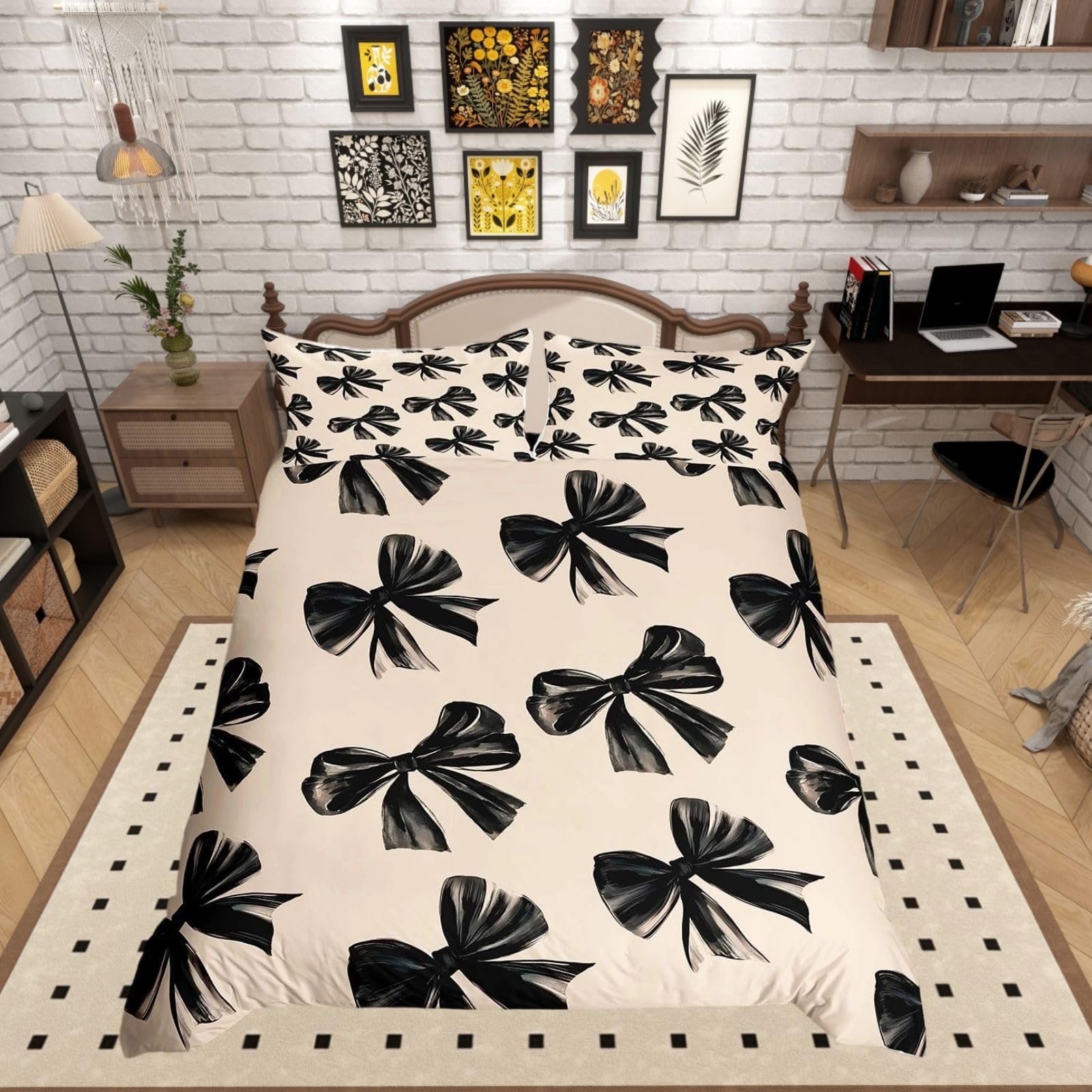 Homewish Bow Bedding Set Double Black Bow Tie Comforter Cover For Kids Teen Adults Room Decor,Watercolor Bowknot Duvet Cover Black White Simple Decor Bedspread Cover — image 1