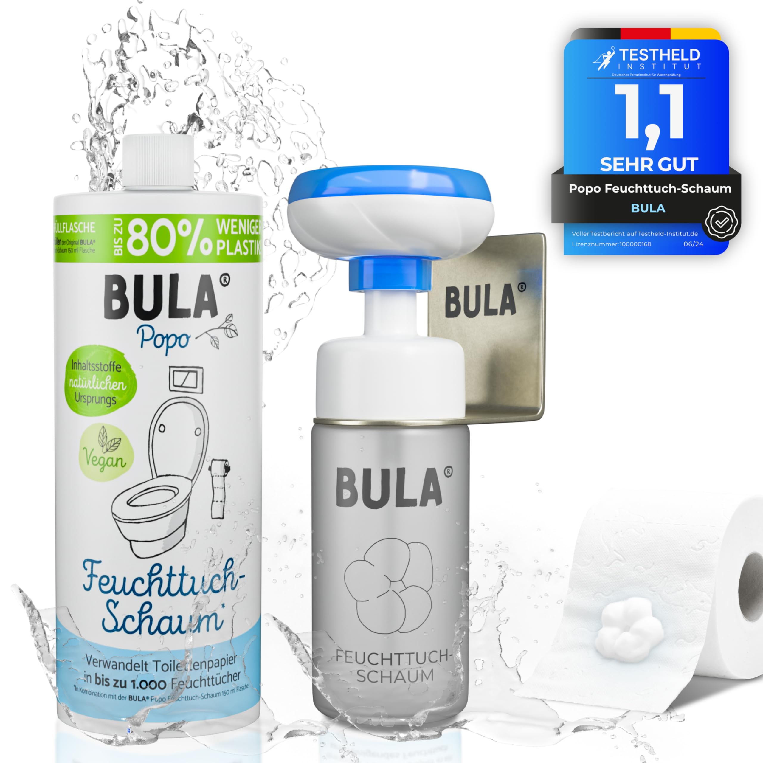 BULA® Popo Eco Glass Bundle | Wet Wipe Foam Starter Set | Design Glass Bottle (Empty) + Refill Bottle + Flower Foam Pump Including Holder | Sustainable Alternative for Baby and Toilet Wipes
