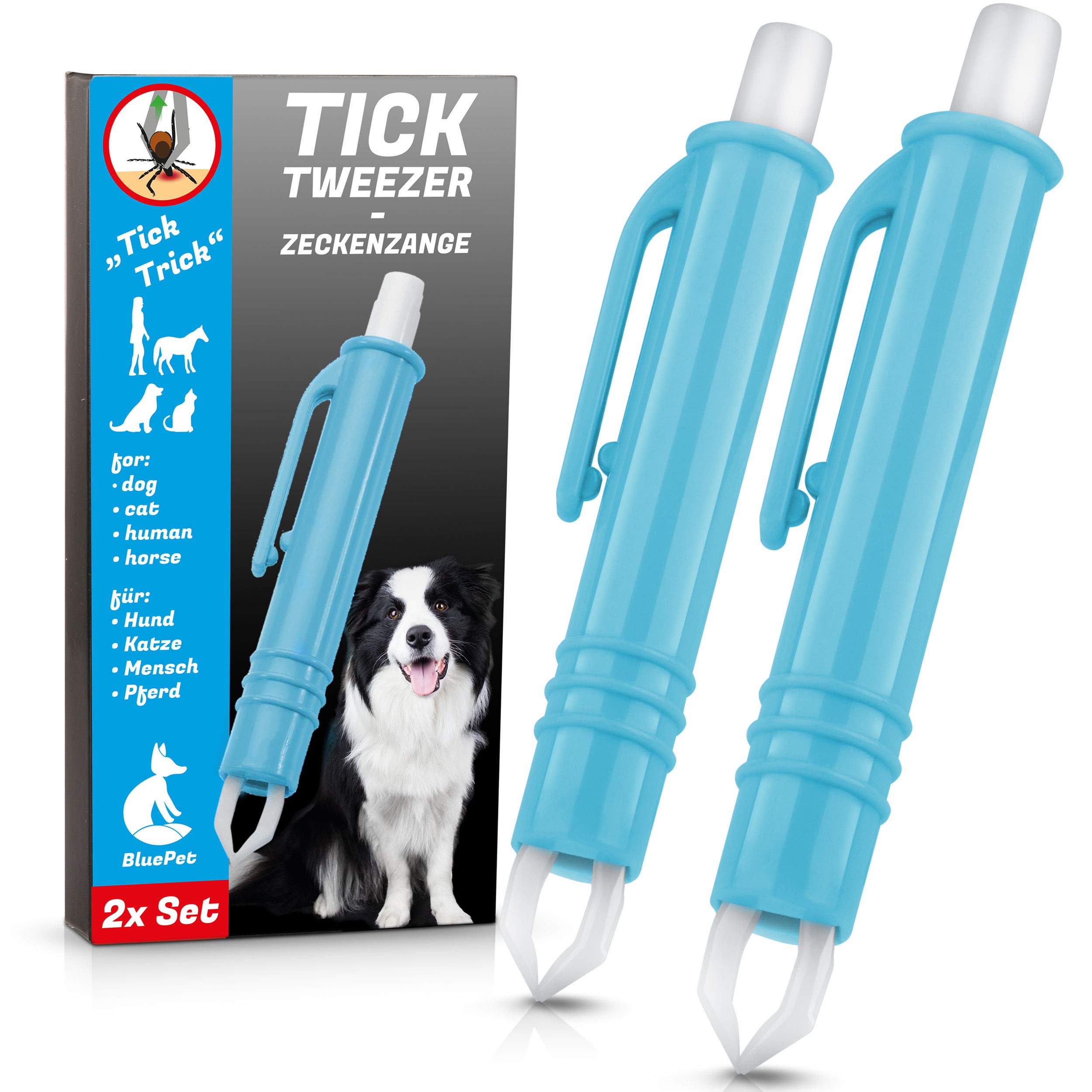 BluePet® Juego de 2 Pinzas para garrapatas | Quita garrapatas para Personas, Perros, gatos y Caballos | Pinzas automáticas para eliminación de garrapatas