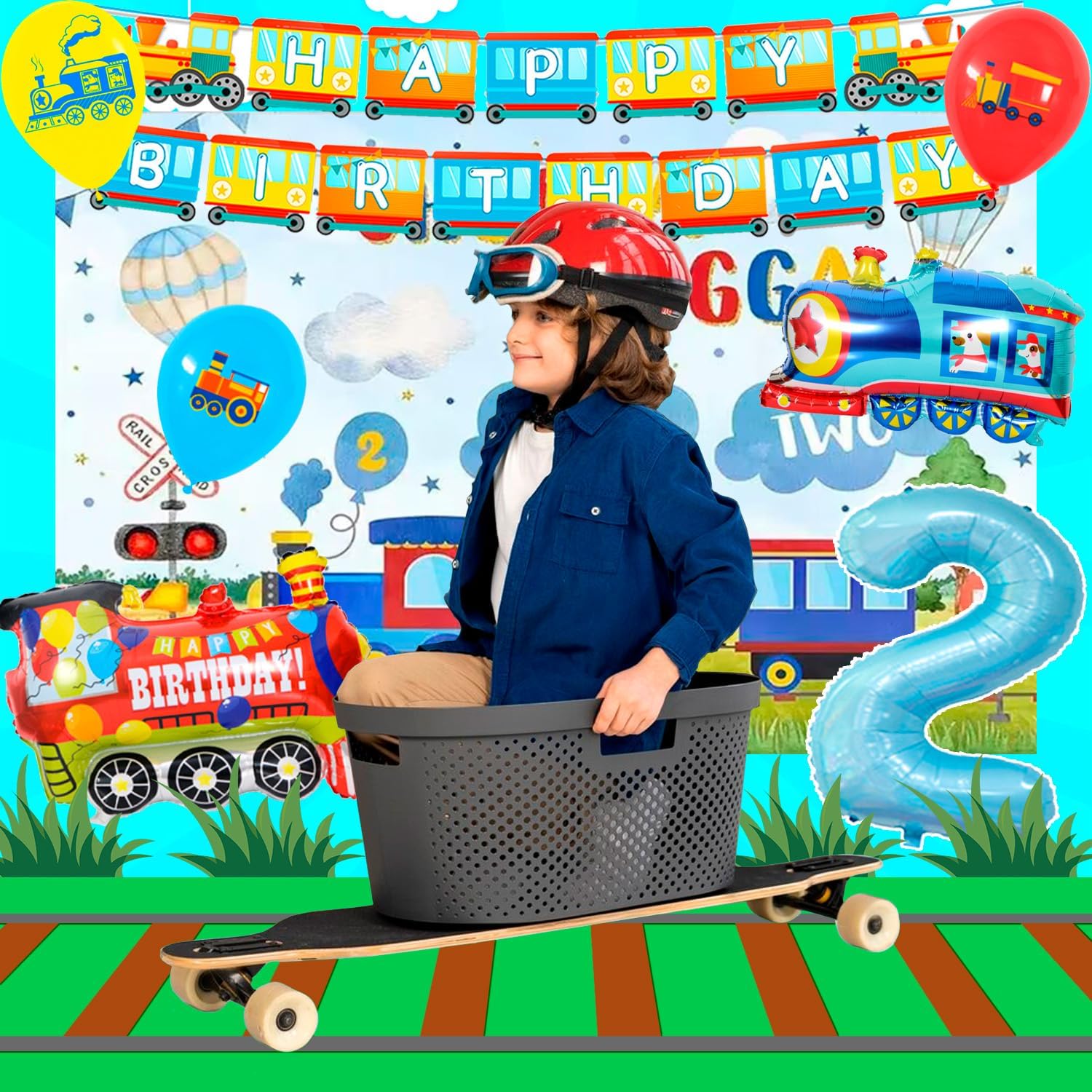 Chugga Chugga Two Two Party Decorations, 16 Guests Train Party Tableware Decorations Set Including Transportation Plates Napkins Tablecloth Banner Balloon Backdrop etc Train Birthday Party Supplies