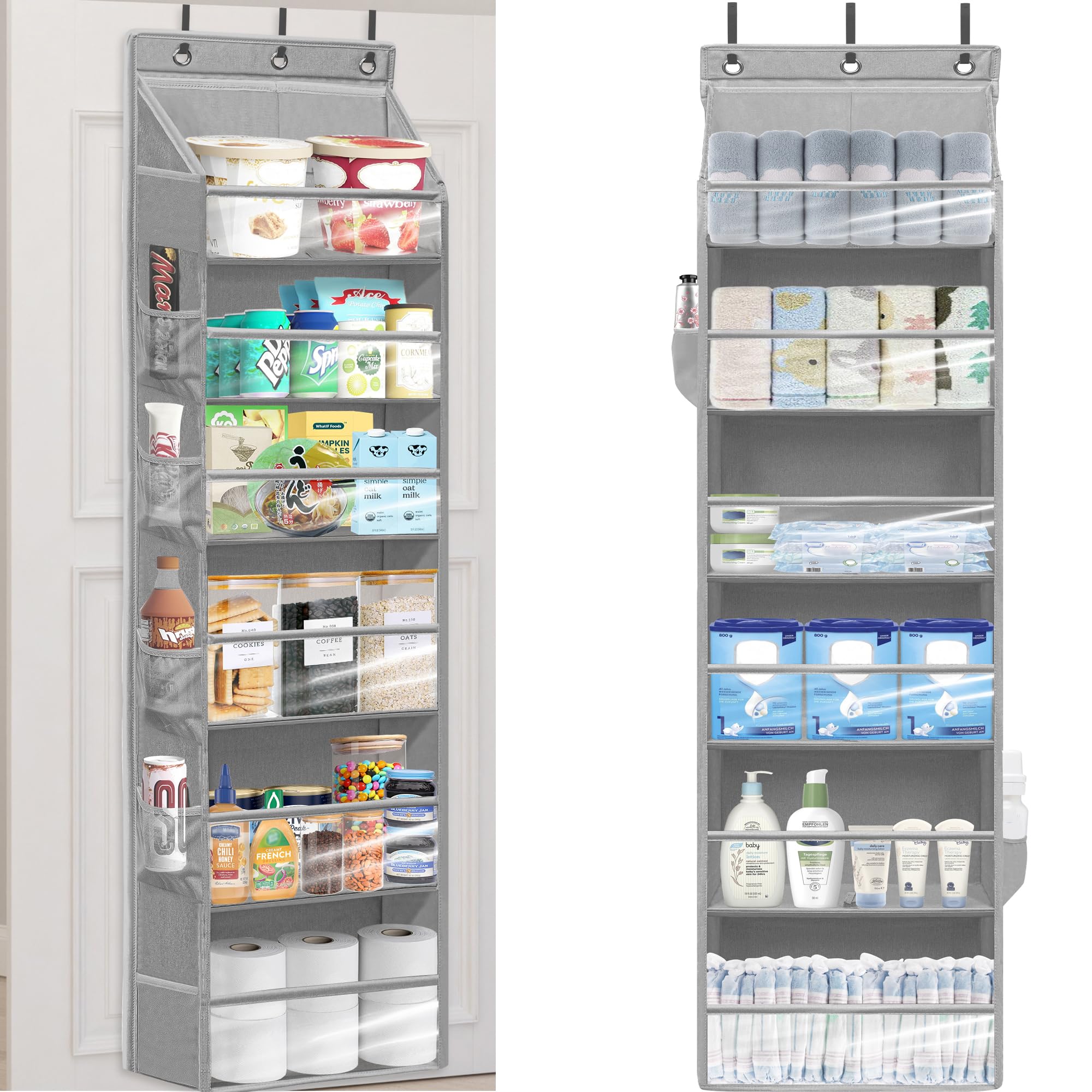 over door organizer with 6 extra large pockets 12 side pockets, 2-pack sturdy closet rack, hanging storage organizer with clear window for shoes, diapers, toys, bedroom, bathroom, grey