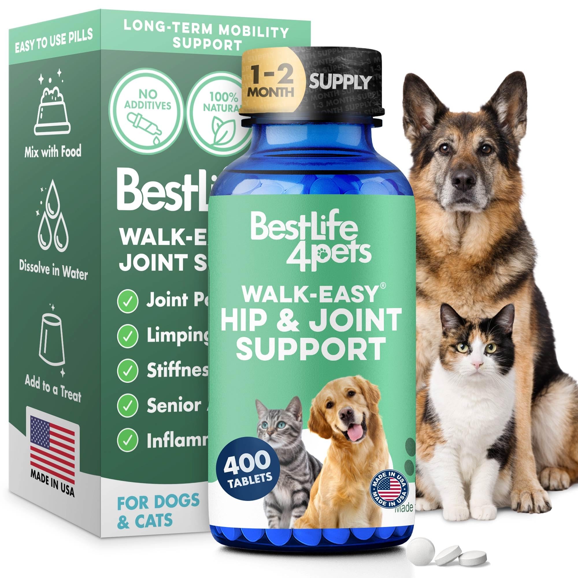 Walk-Easy Cat & Dog Pain Relief & Mobility Aid – Natural Hip & Joint Support for Injured or Senior Pets – Gentle Pain Reliever for Limping and ACL Tears – 400 Tiny Pills