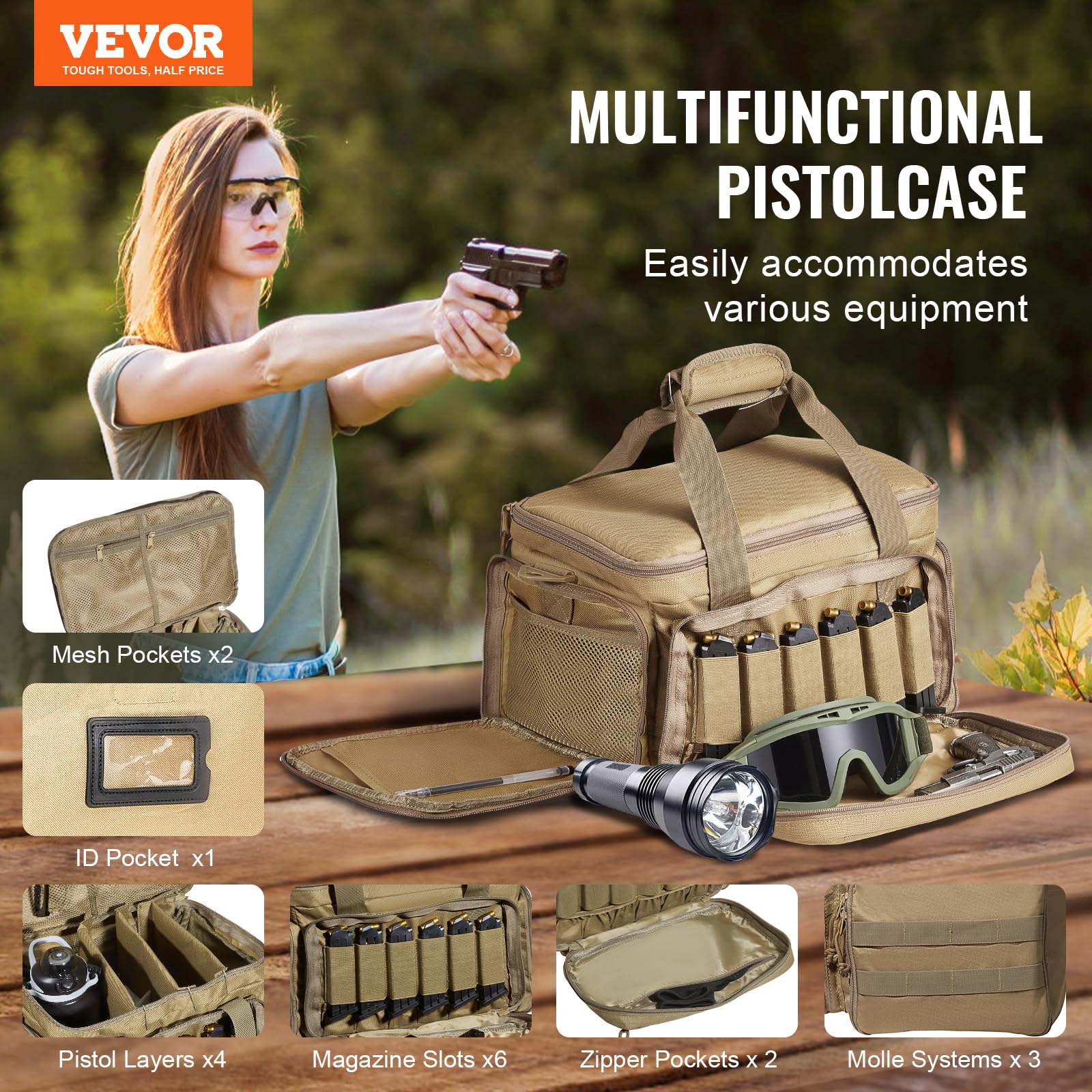 VEVOR Estuche Blando para 4 Pistolas Bolsa para Pistola con 3 Deflectores Desmontables y 6 Cargadores Bolsa de Arma con Una Sola Tira para el Hombro para Campo de Tiro de Caza al Aire Libre, Marrón