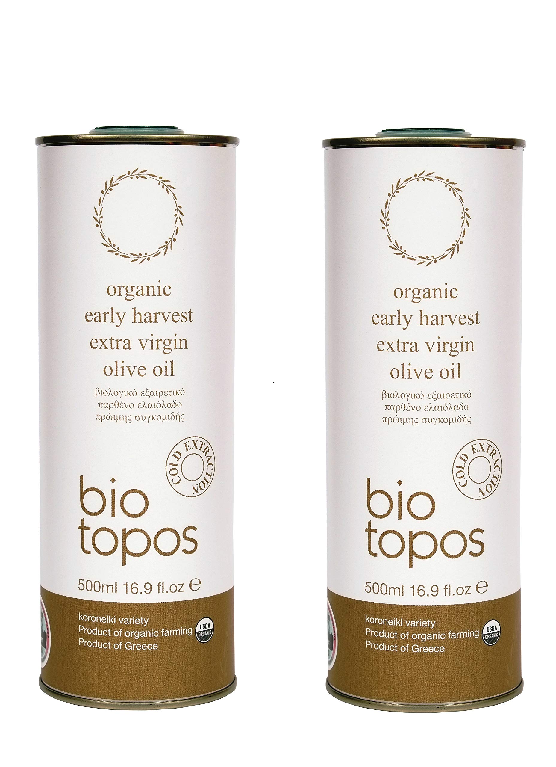Biotopos, Early Harvest, Organic Extra Virgin Olive Oil, Active Polyphenols, Cold Pressed, Monovarietal Koroneiki, Single Source, Kalamata Greece- 2 x 500 ml, Tin (2pack)EU OrganicUSDA Organic