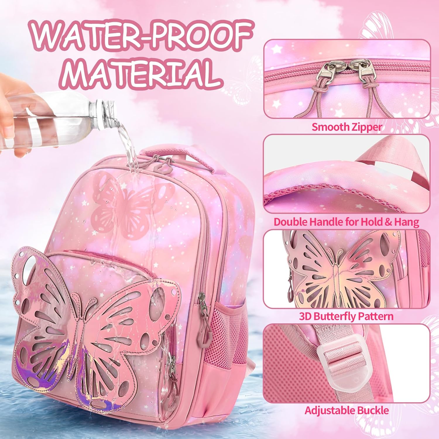 Kids Backpack for Girls, 3Pcs Butterfly Wings Christmas School Backpacks Lunch Box Pencil Case Preschool Lightweight for Girls Age 4-6 (Pink) - Image 5