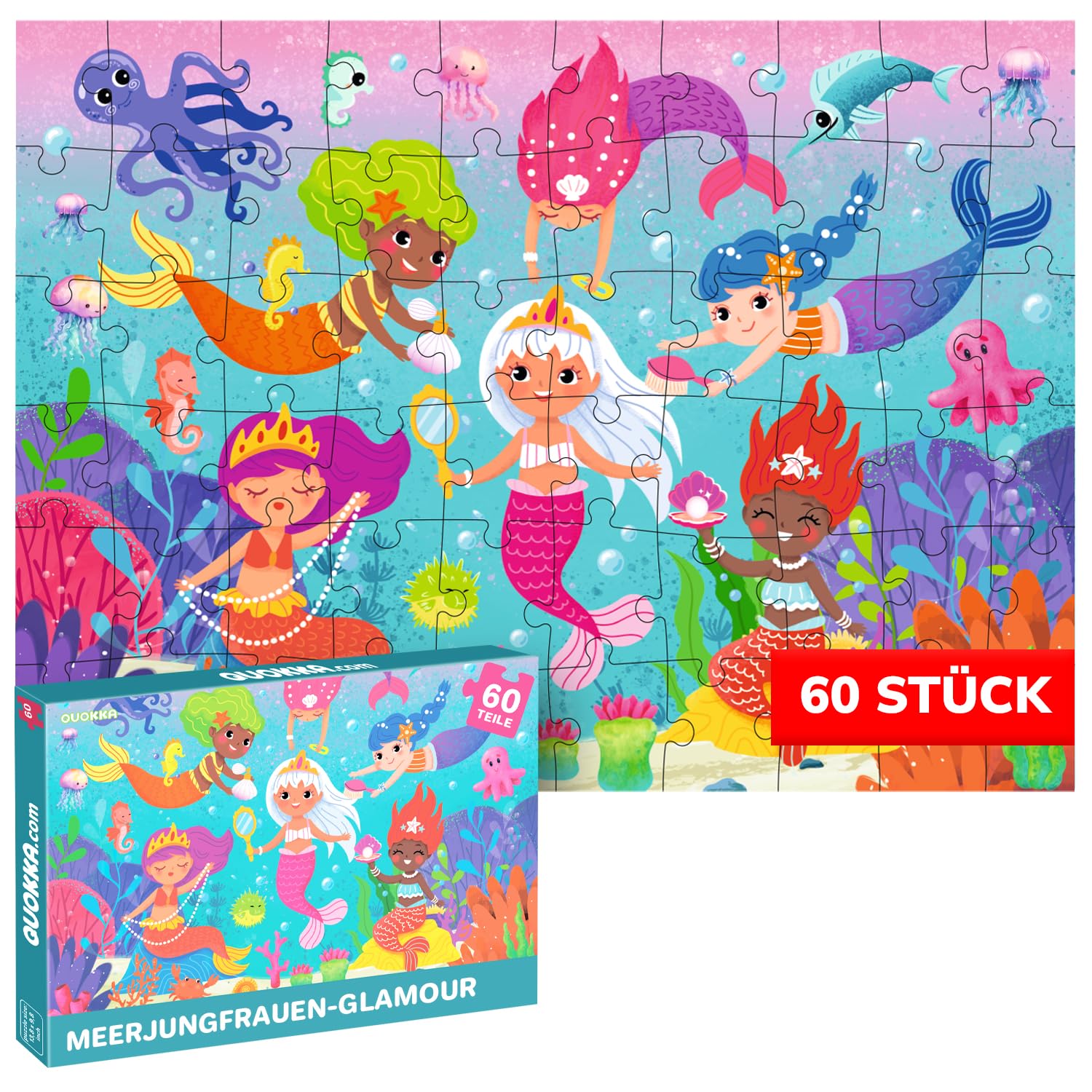 QUOKKA Puzzles Für 3- Bis 4-Jährige – 60-Teiliges Puzzle Für Kinder Von 5 Bis 6 Jahren – Kinderpuzzles mit Meerjungfrauen-Motiven – Lernspiel für Vorschulkinder – Geschenkidee Für Jungen Und Mädchen