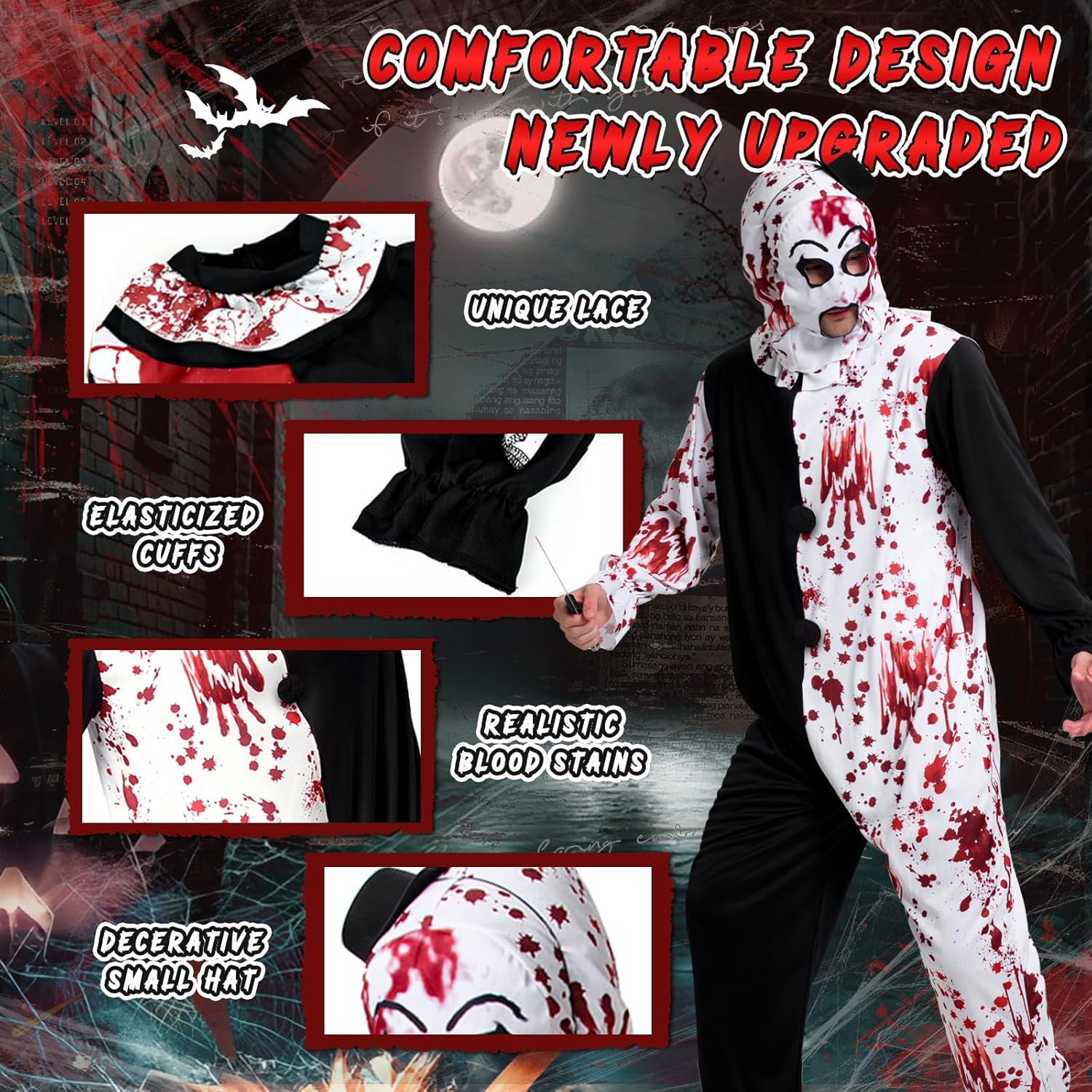 Halloween Art the Clown Costume: Horror Movie Costumes for Adult Men, Terrifier Killer Cosplay Outfit Set with Hat Dagger - Image 3