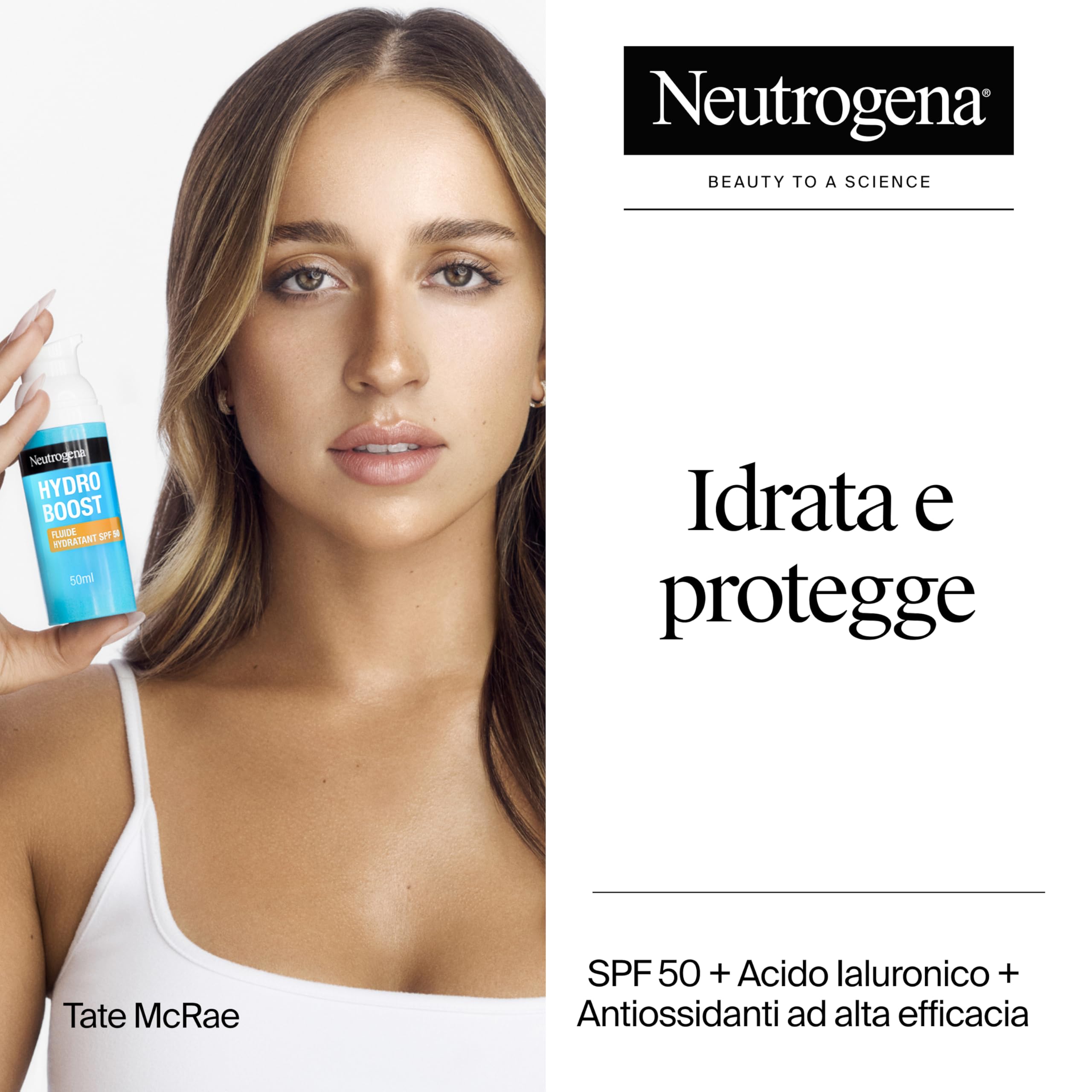 Neutrogena Hydro Boost Fluido Idratante SPF 50, Crema solare viso 50 con Acido Ialuronico, Niacinamide e Vitamina C, Crema viso SPF 50 in fluido, Protezione solare viso contro raggi UVA/UVB, 50 ml