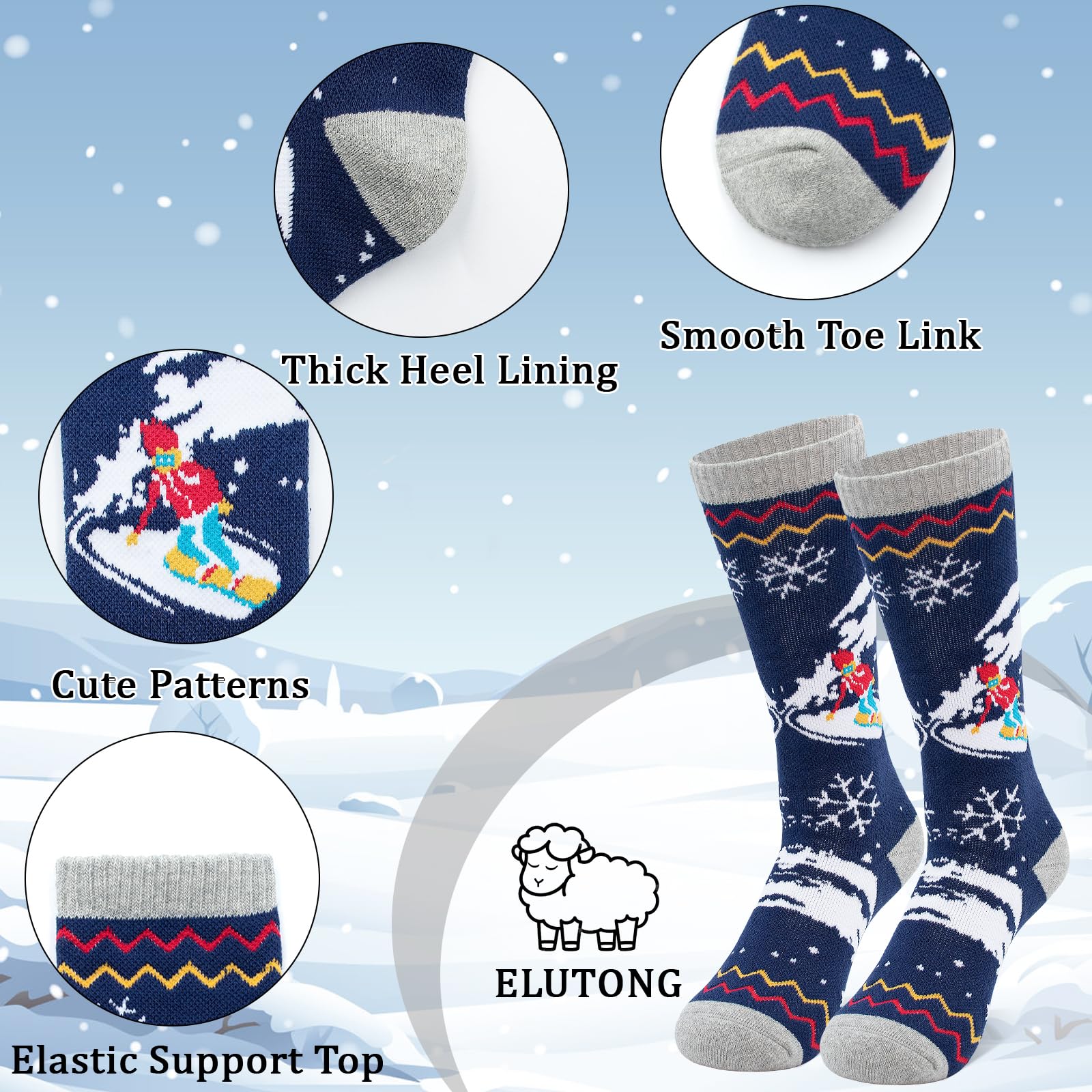 ELUTONG Calcetines de esquí para niños, calcetines térmicos gruesos hasta la rodilla para niños y niñas, calcetines largos de esquí para esquí, patinaje, snowboard, niños pequeños de 3 a 12 años, 1