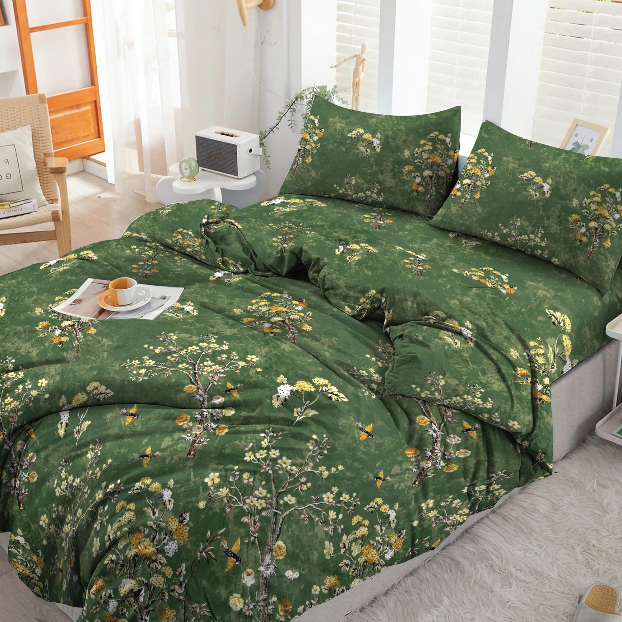 Danydude Forest Bloom 4Pc Floral Printed Double Duvet Cover Bed Set 400 Thread Count 100% Egyptian Cotton Duvet Cover Double With Fitted Sheet & Pillowcases Set