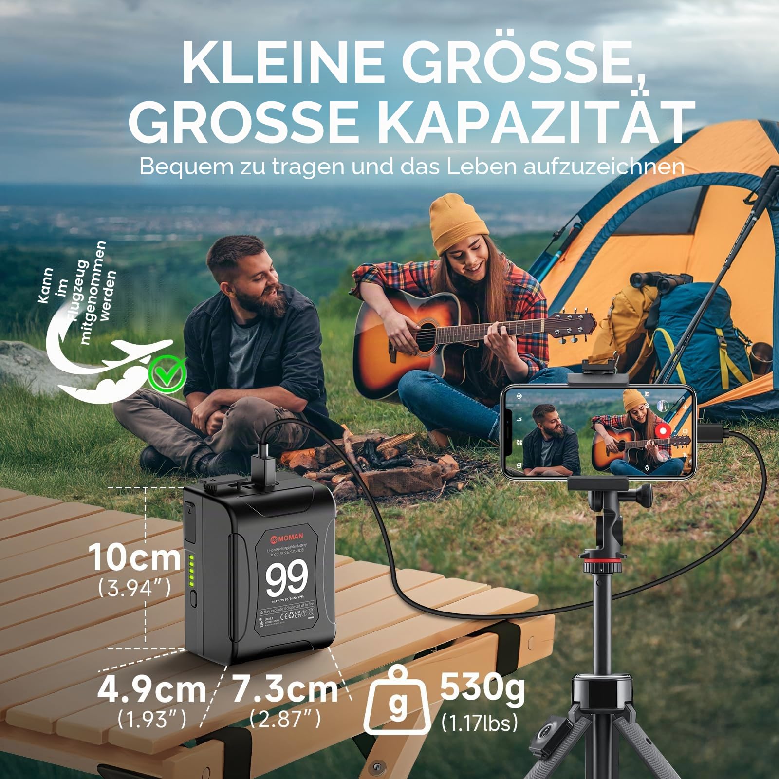 V-Mount Akku, Moman Power99 V-Lock Battery mit Dual D-Tap & 65W PD USB-C Output 99Wh/14.4V 15A 200W Tragbar Klein für Camcorder Blackmagic BMPCC 4K/6K Kamera DSLR Monitor, V-Mount-Akku-Batterie-Mini