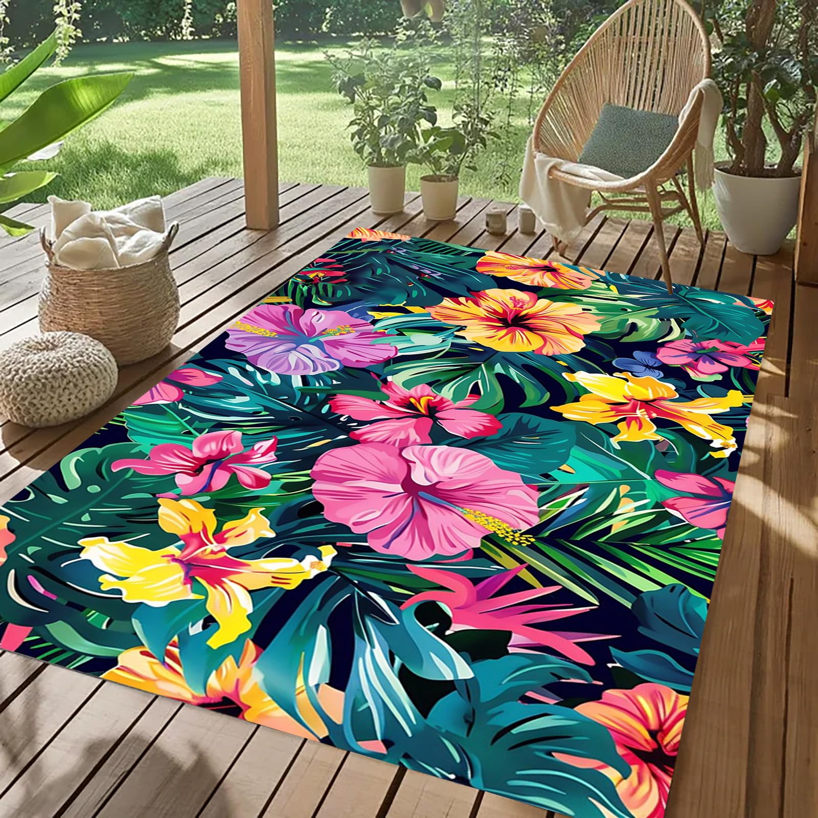 Tropical Botanical Floral Outdoor Rug Contemporary Aesthetic Green Pink Yellow Flower Texture Rug for Balcony Patio Deck Garden Washable Non Slip