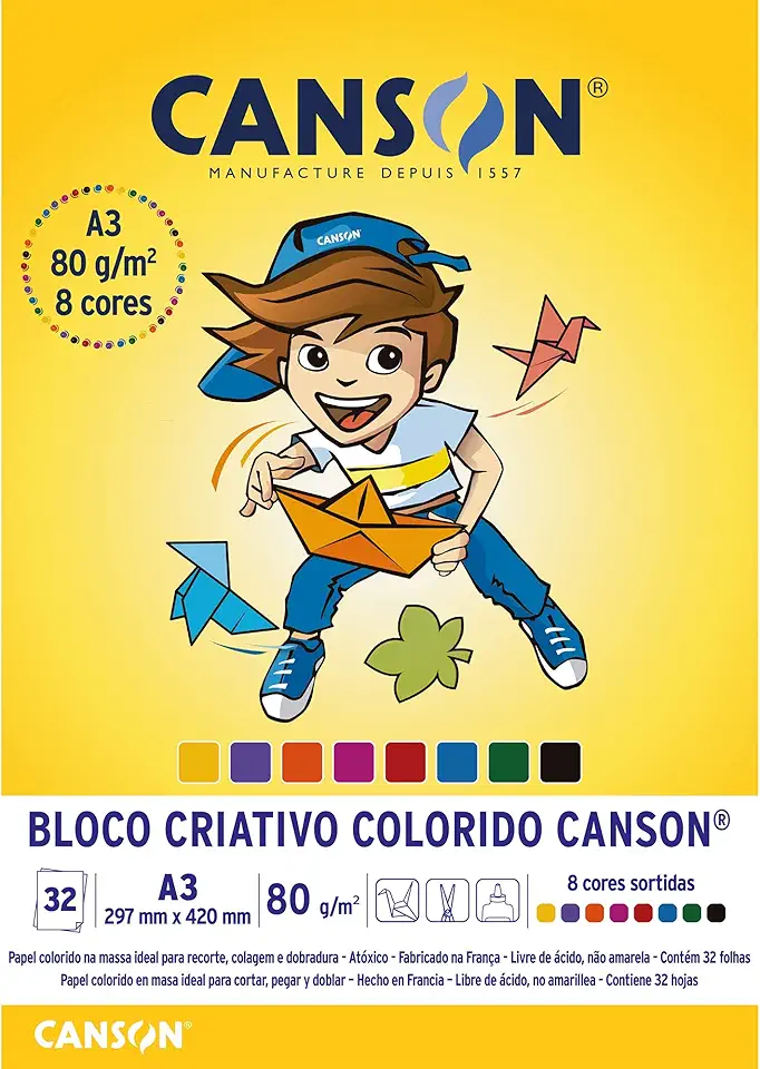 Bloco Colorido Criativo A3 80g/m², Canson, 66667089, 8 Cores, 32 Folhas