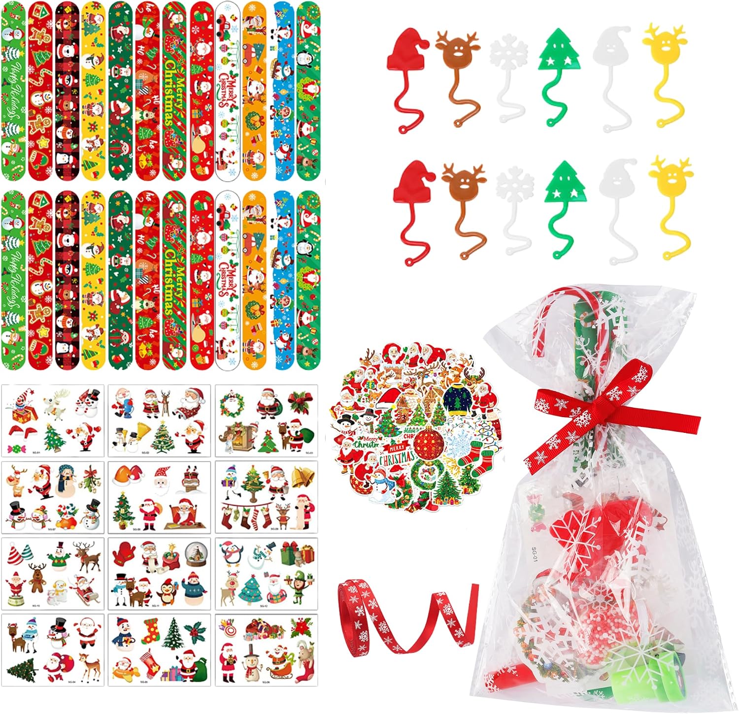 159pcs Christmas Party Favors Xmas Gifts for Kids Stationery Set Supplies Slap Bracelets Sticky Toys Tattoos Stickers Candy Cane Snowflakes Bags