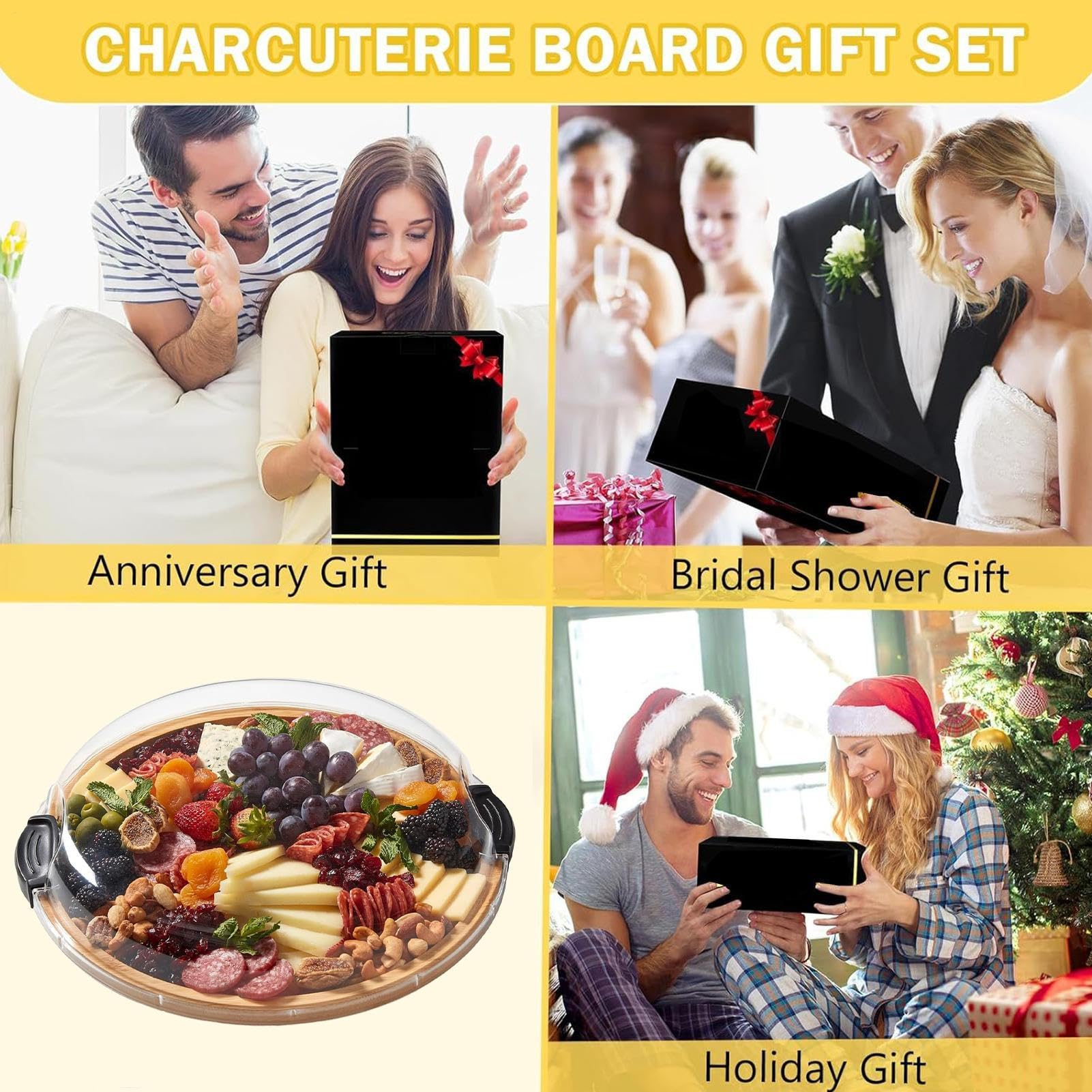 Charcuterie Boards - Runde Holzplatte mit Deckel | Tragbare Servierbretter für Party, Weihnachten, Restaurant, Picknick, Urlaub, Pool, Küche, Buffet, Camping, Versammlungen, Unterhaltung