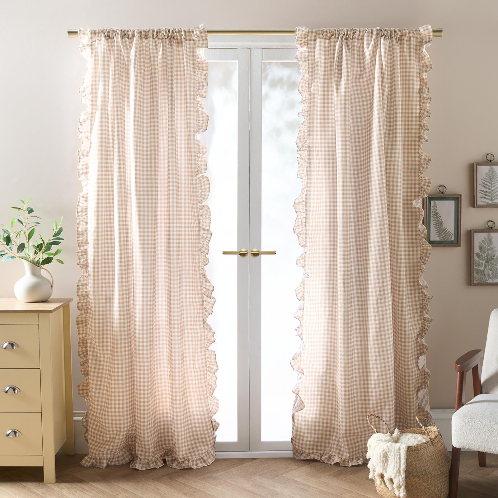 Ohs Natural Voile Curtains, 87 Drop 2 Panels Net Curtain For Windows Decorative Gingham Check Frill Edge Slot Top Sheer Curtains For Living Room Bedroom 55" X 87",