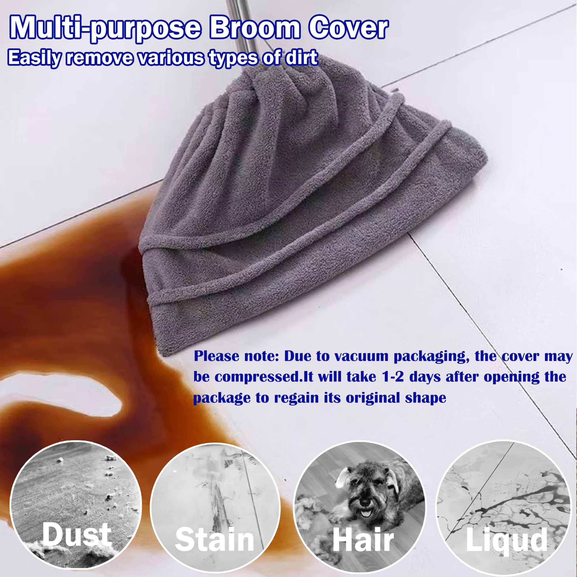 2 Pack Broom Cloth Covers Wet or Dry Cleaning Mops with Adjustable Drawstring Closure Multi-Purpose Microfiber Floor Towel Washable Reusable Cleaning Cloth for Pet Hair, Dust, Stain, Windows (Grey)